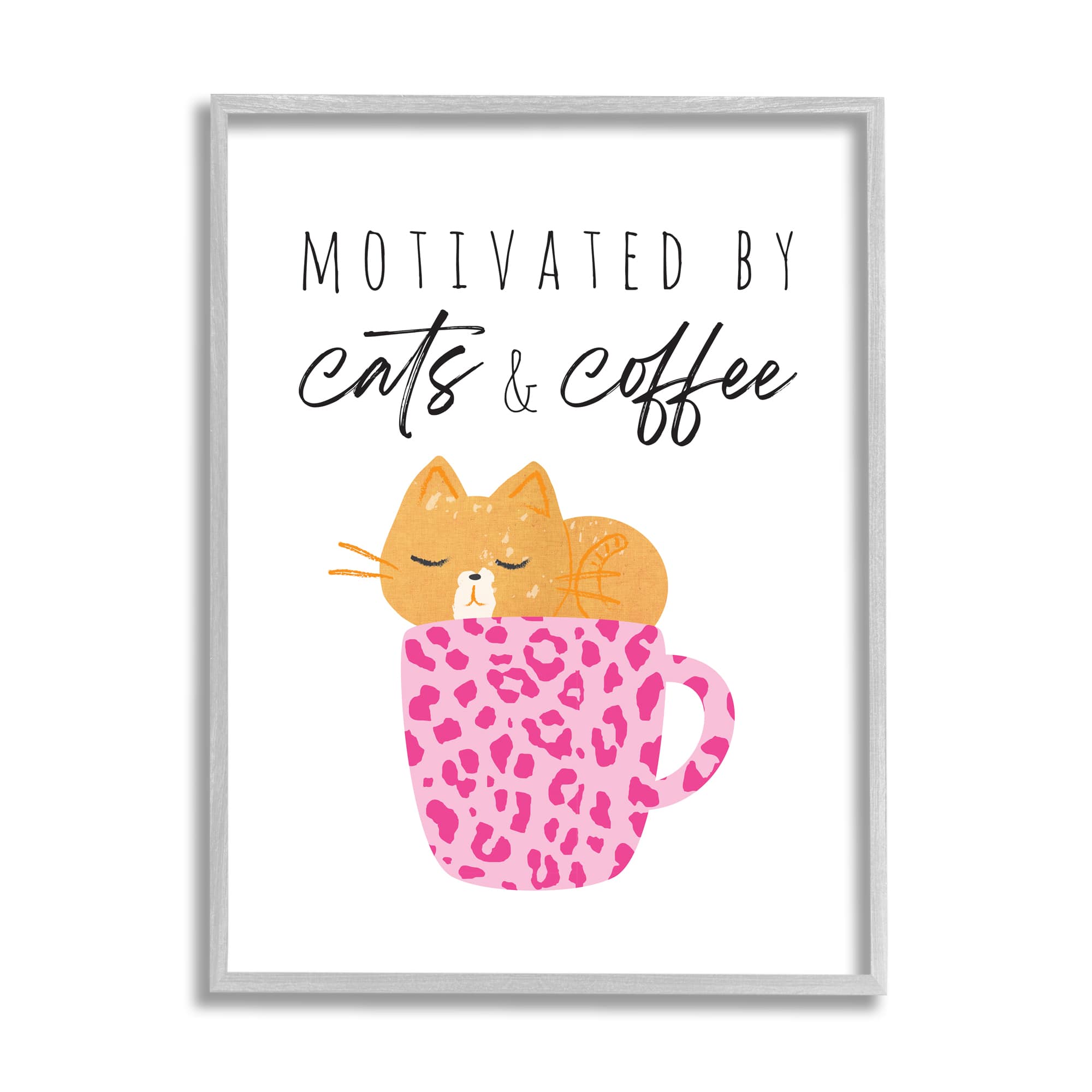 Stupell Industries Cats and Coffee Motivation Pink Cheetah Print Mug Framed Wall Art