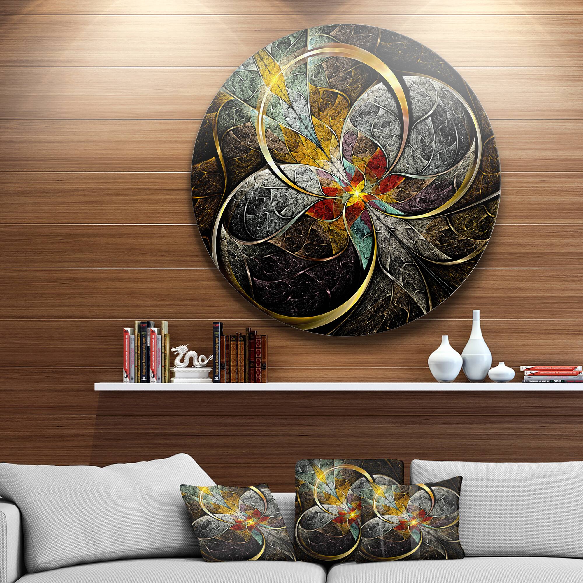 Designart - Symmetrical Brown Fractal Flowers' Disc Large Contemporary Circle Metal Wall Arts