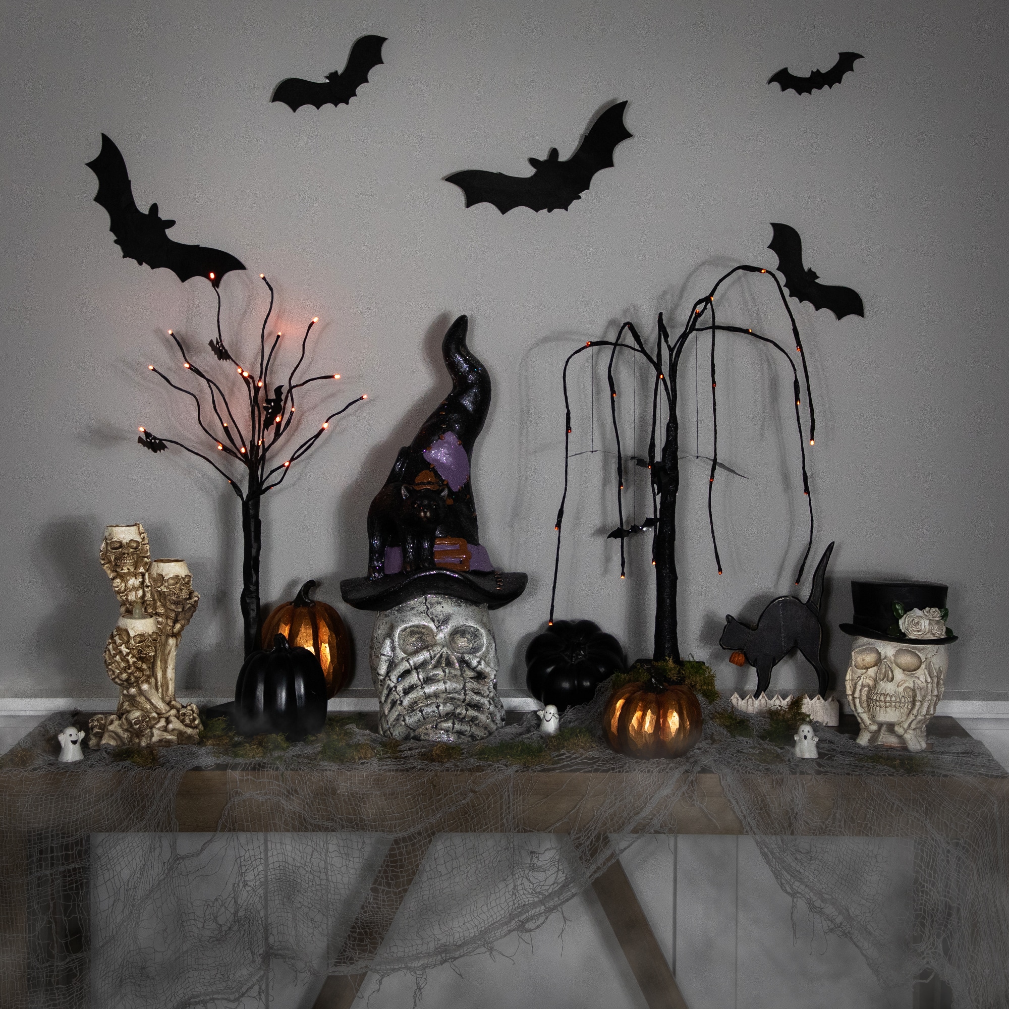 22.75" Skull in Witch Hat with Black Cat Halloween Decoration