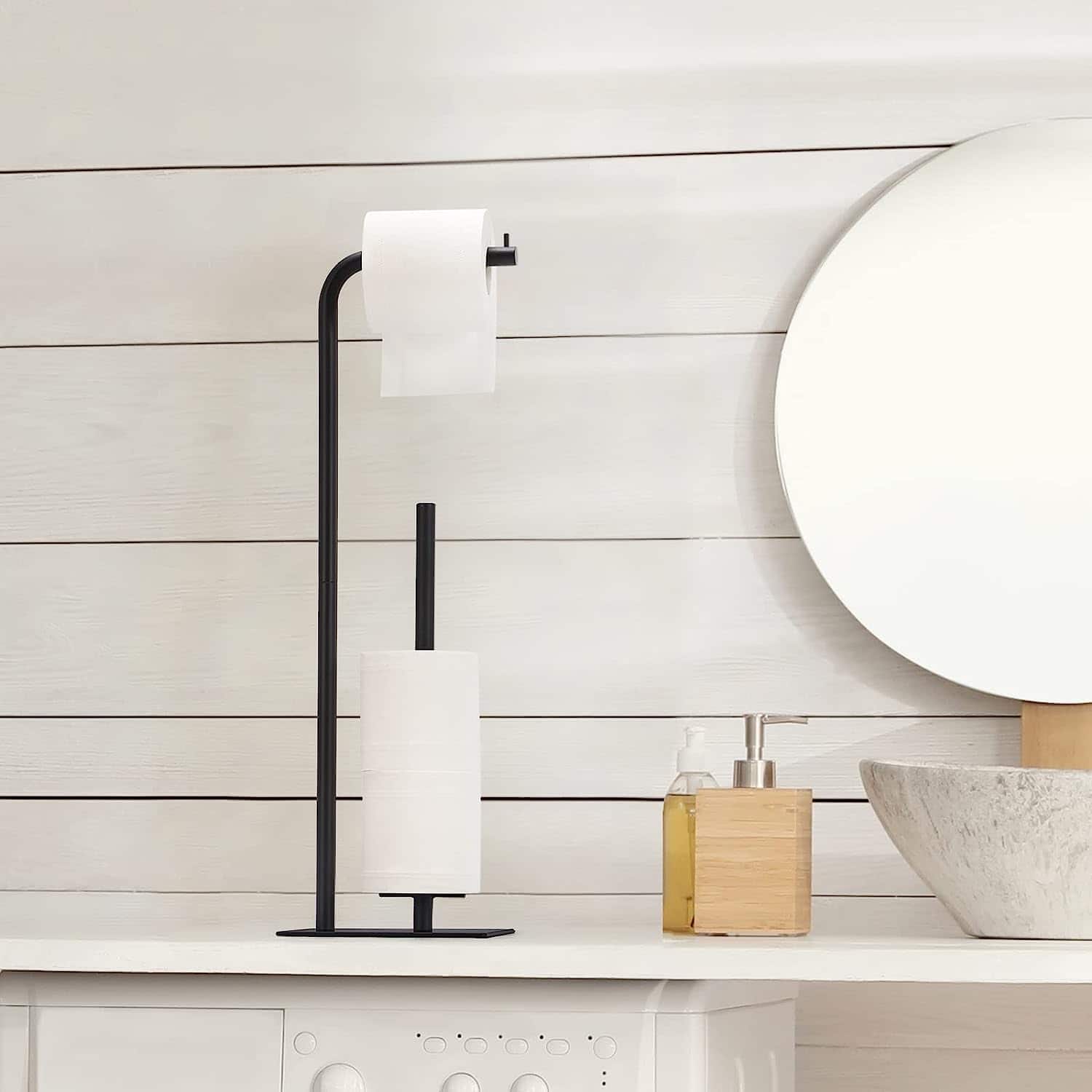 Black Freestanding Metal Toilet Paper Holder Stand