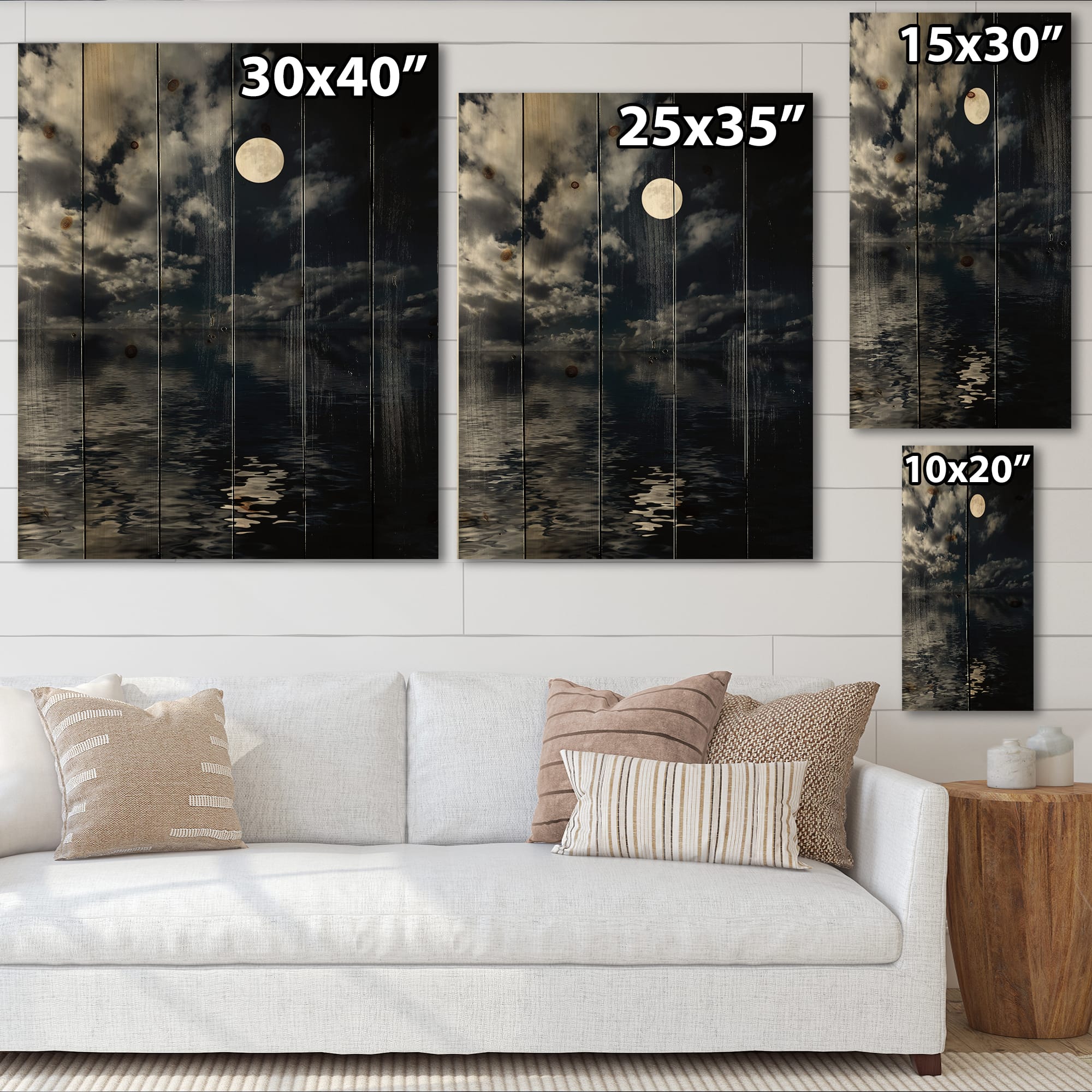 Designart - Full Moon In Cloudy Night Sky IV - Nautical & Coastal Print on Natural Pine Wood