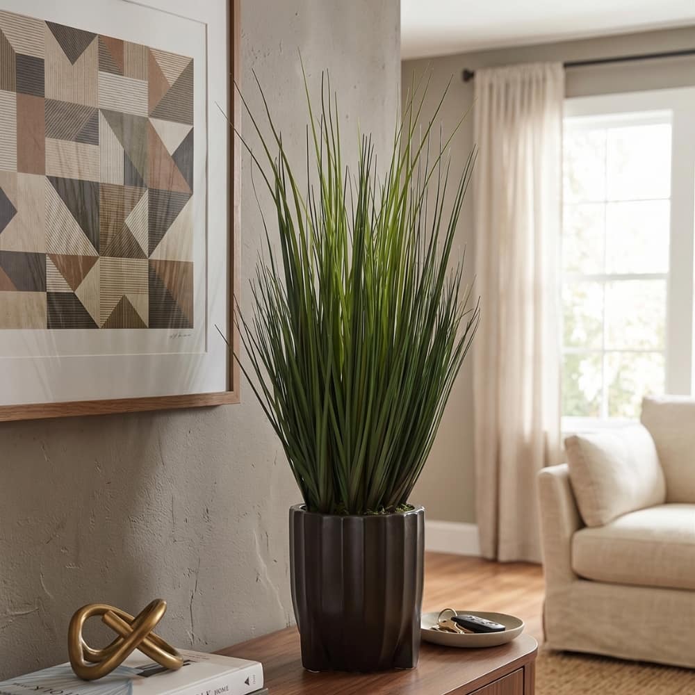 House of Silk Flowers 30" Faux Ornamental Onion Grass in Matte Black Fluted Tripod Cylindrical Ceramic Pot