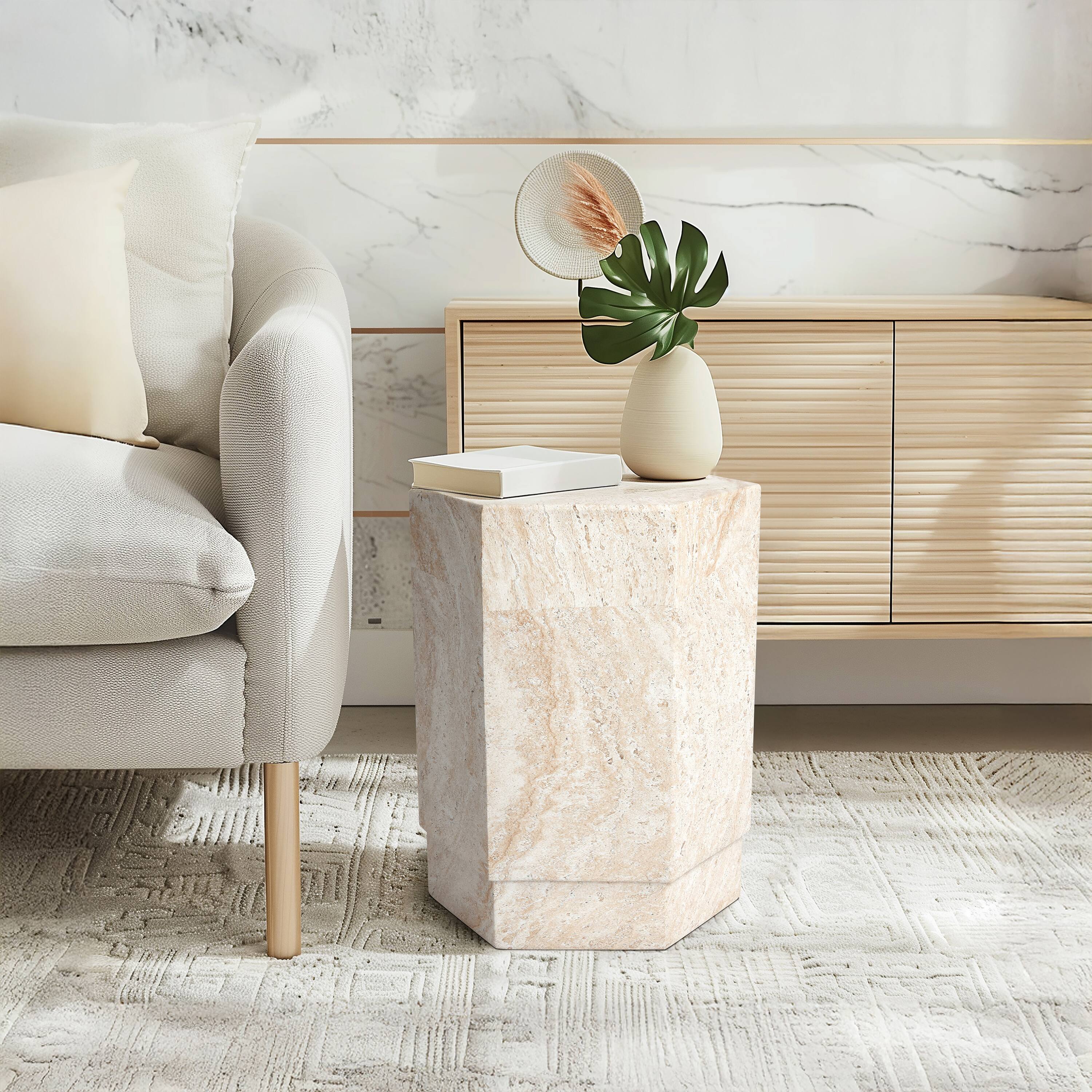 Empire Art Direct 18" Hexagonal Travertine Finish Side Accent Table