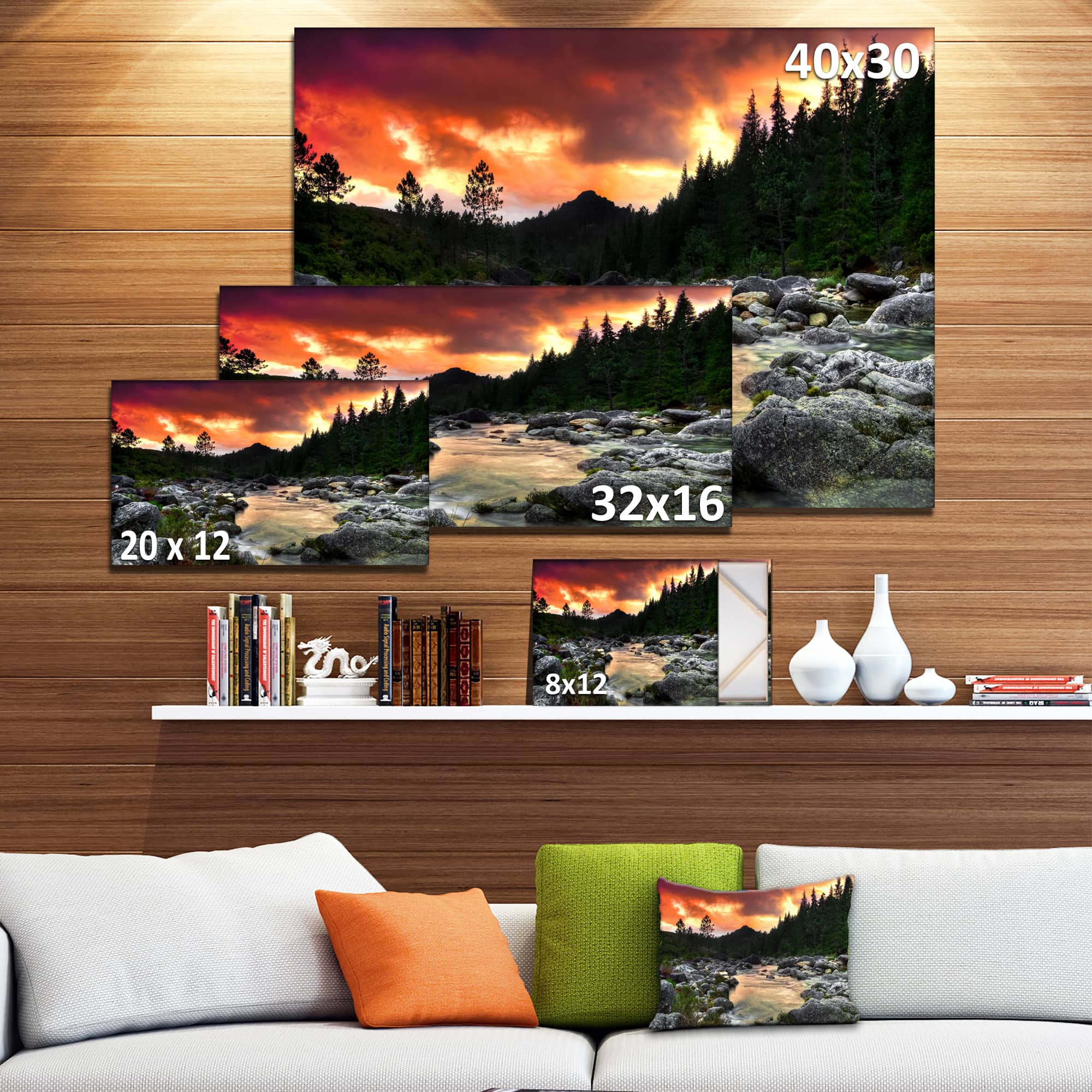 Designart - Rocky Mountain River at Sunset - Extra Large Wall Art Landscape