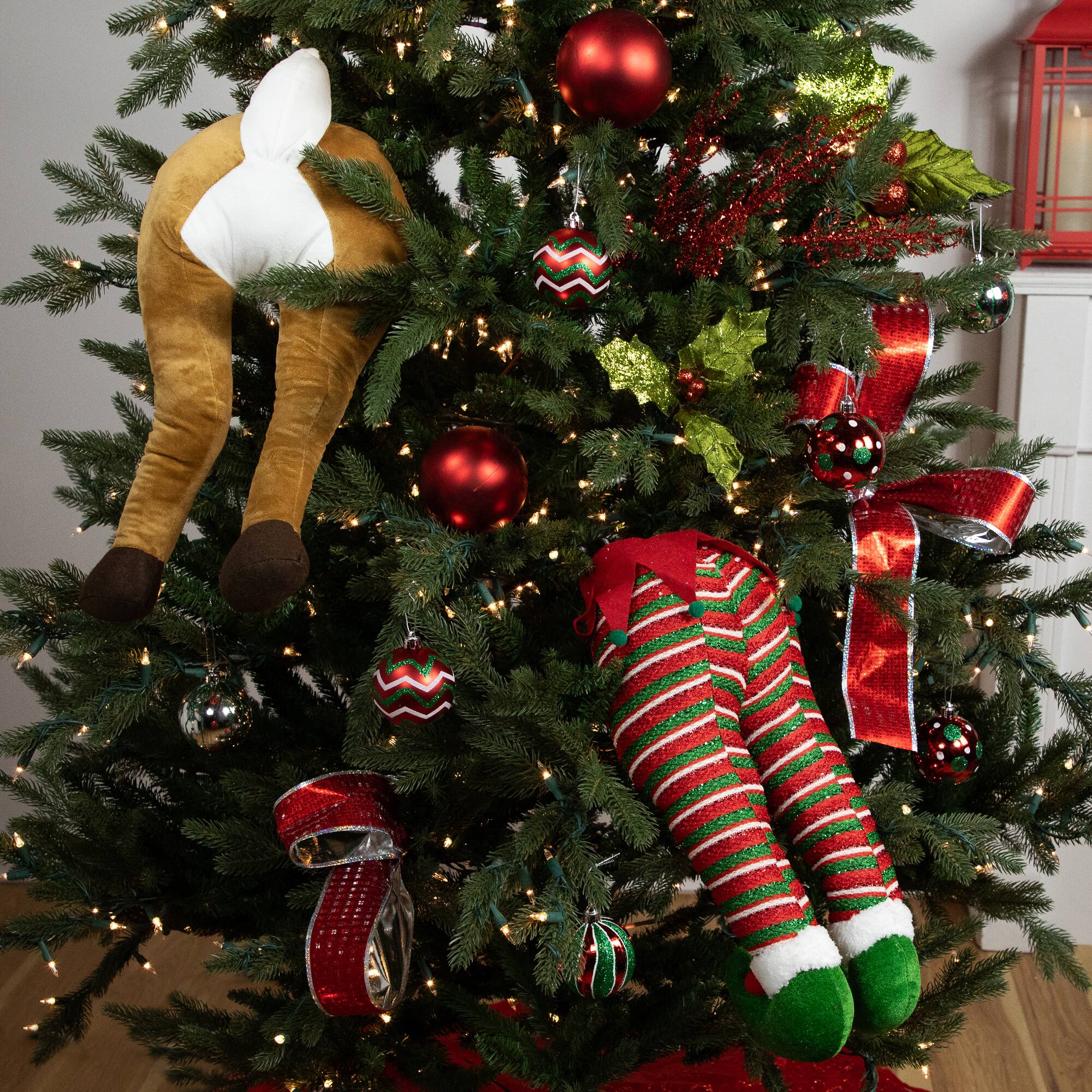19" Red & Green Striped Hanging Elf Legs Décor