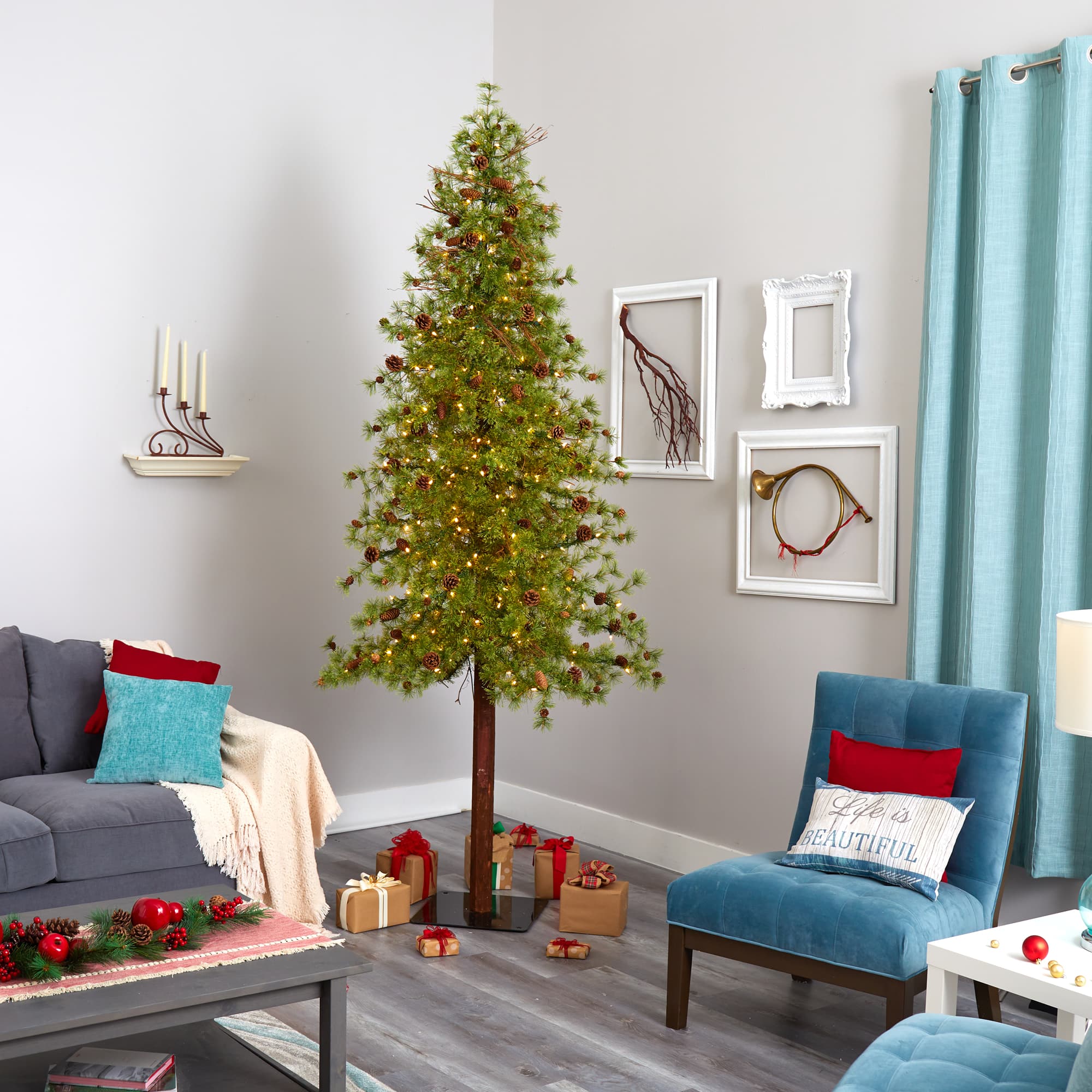 9ft. Pre-Lit Wyoming Alpine & Pinecone Artificial Christmas Tree, Clear LED Lights
