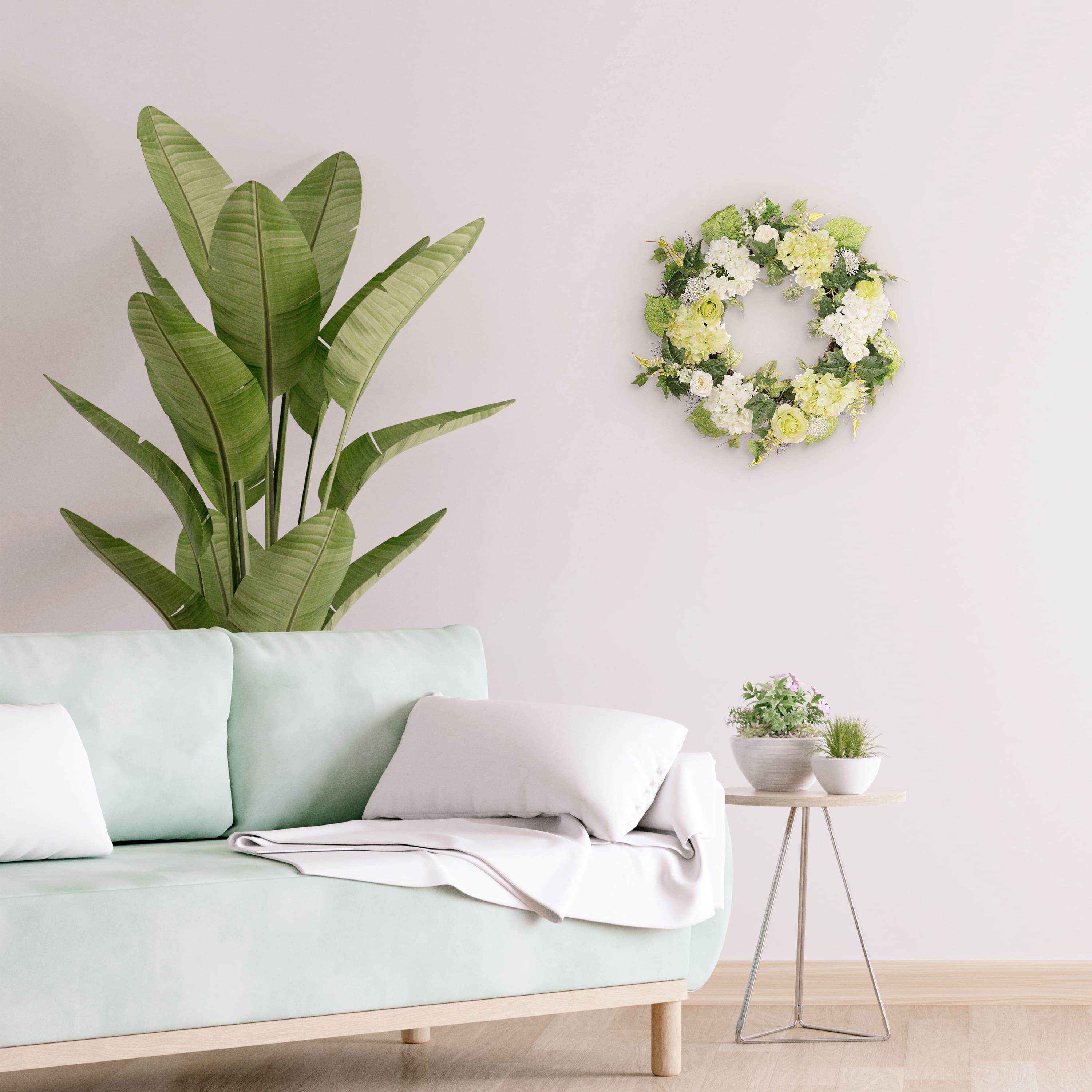 24" White Spring Hydrangea & Rose Wreath