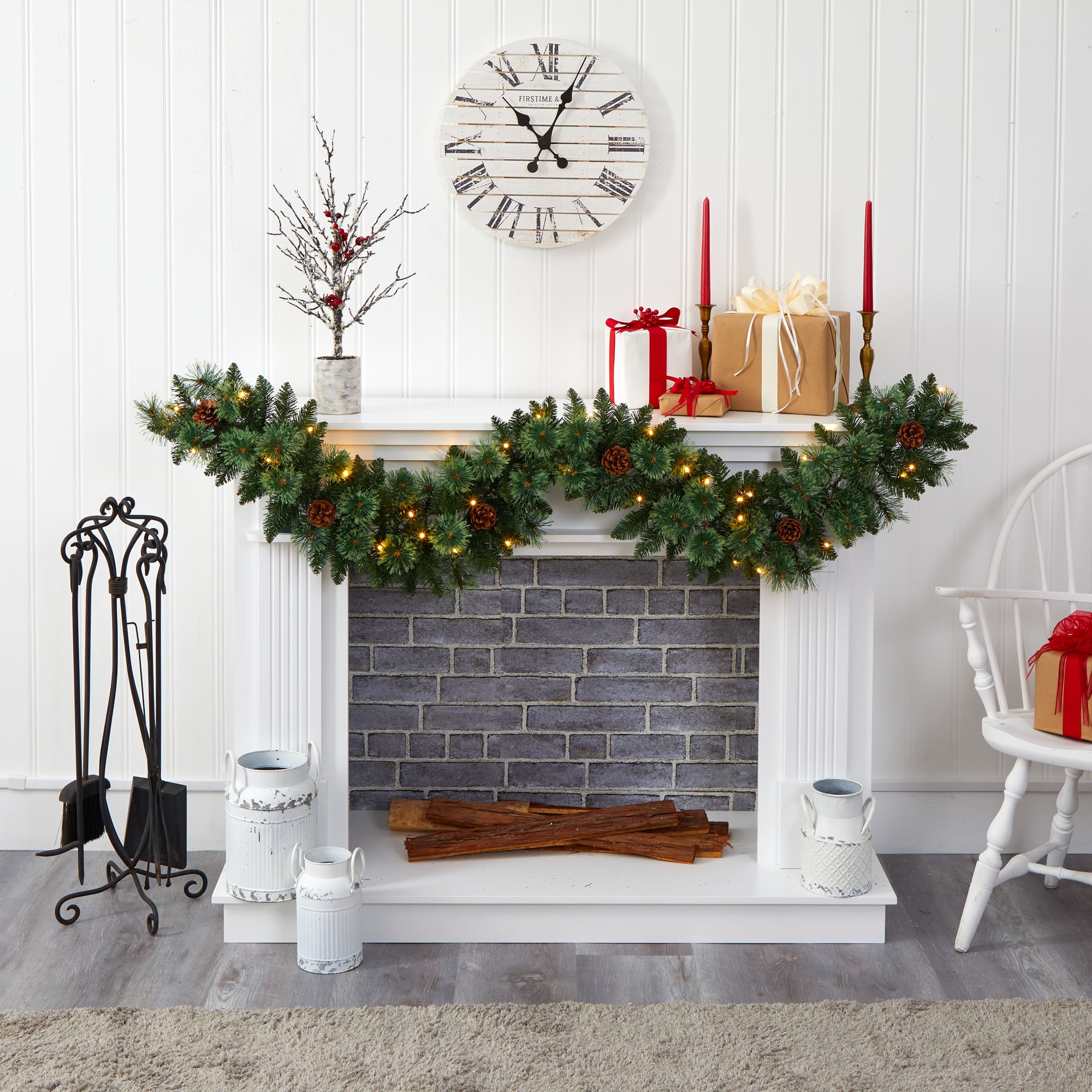 6ft. Pre-Lit White Warm LED White Mountain Pine & Pinecones Artificial Garland