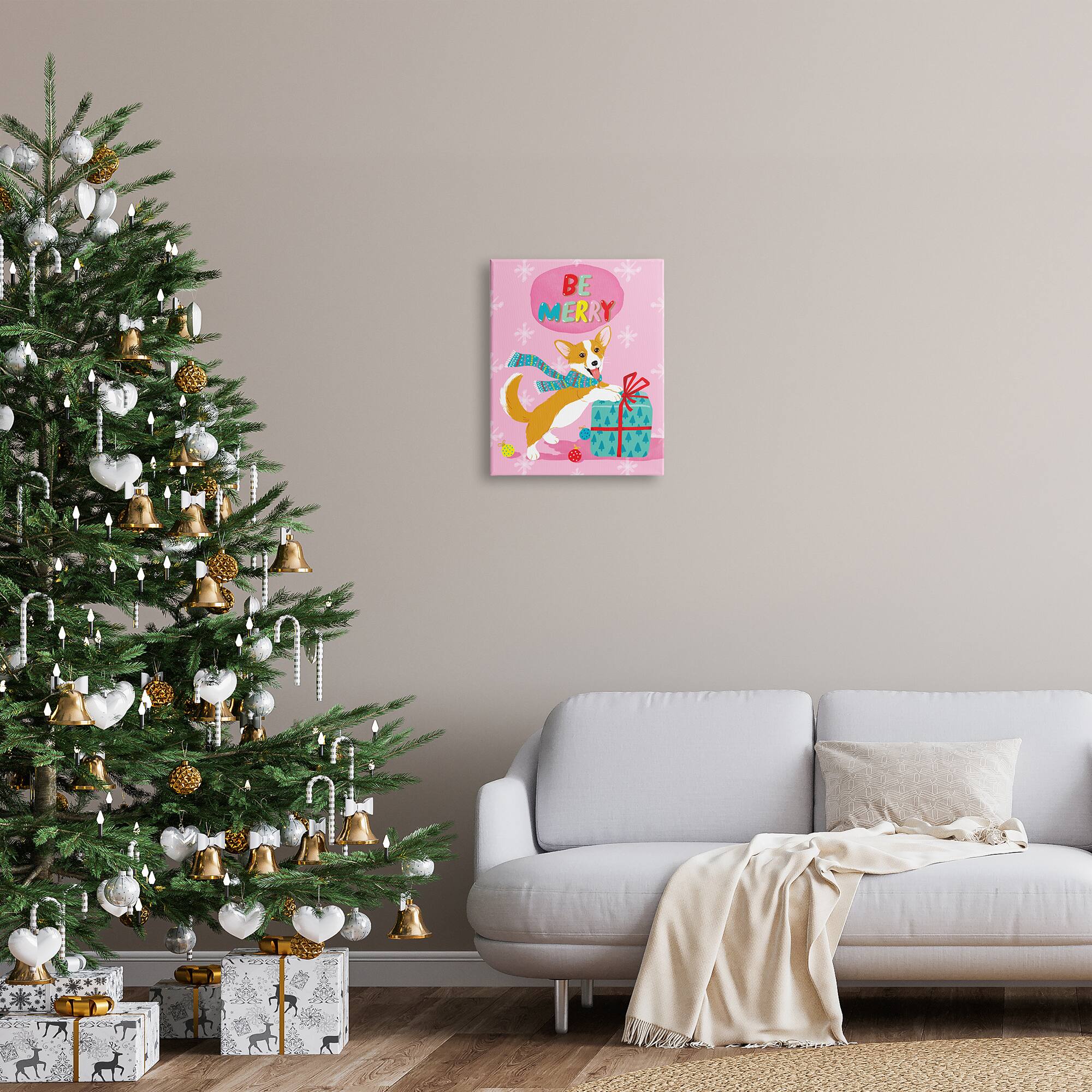 Stupell Industries Be Merry Smiling Puppy Gift Canvas Wall Art