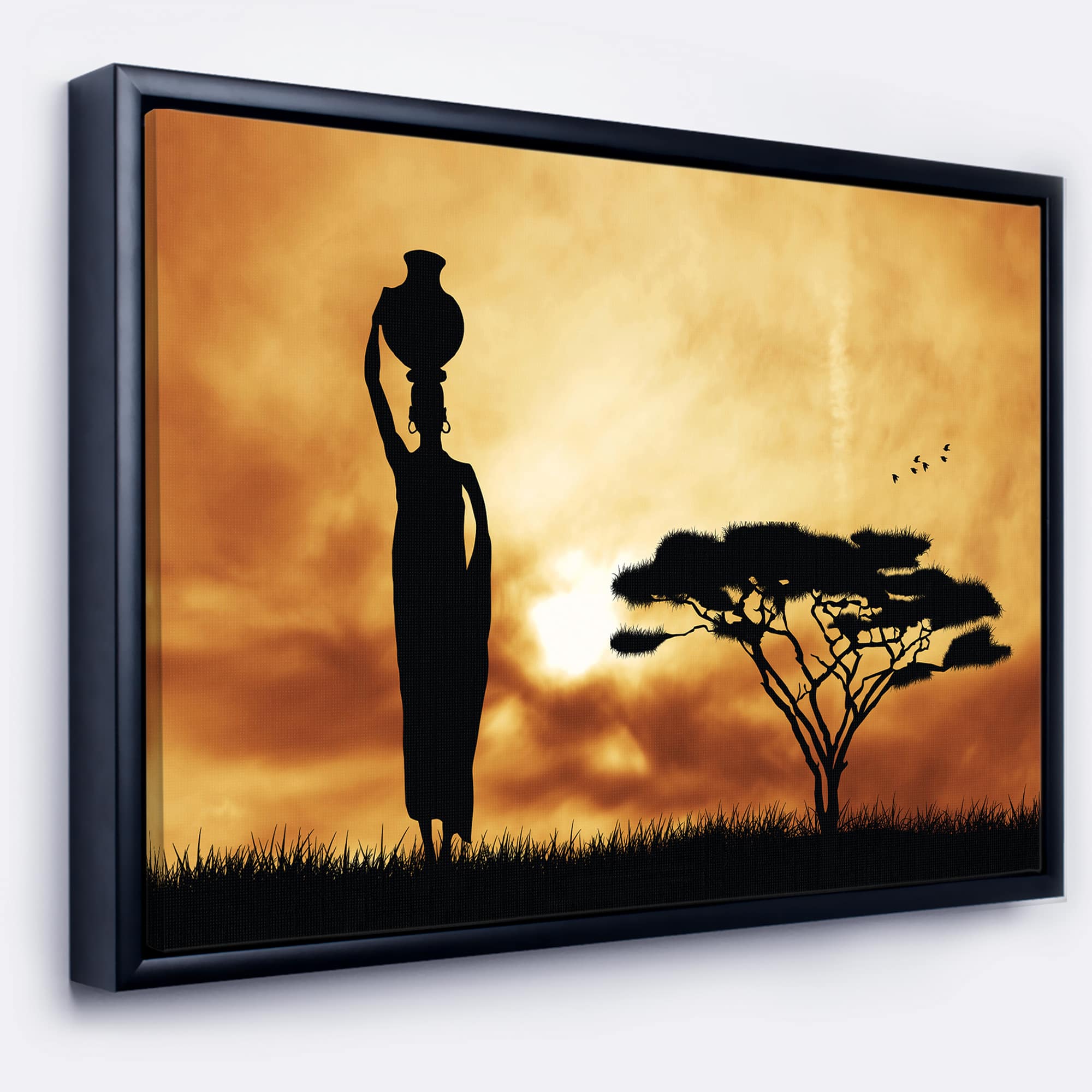 Designart - African Woman and Lonely Tree - African Landscape Framed Canvas Art Print