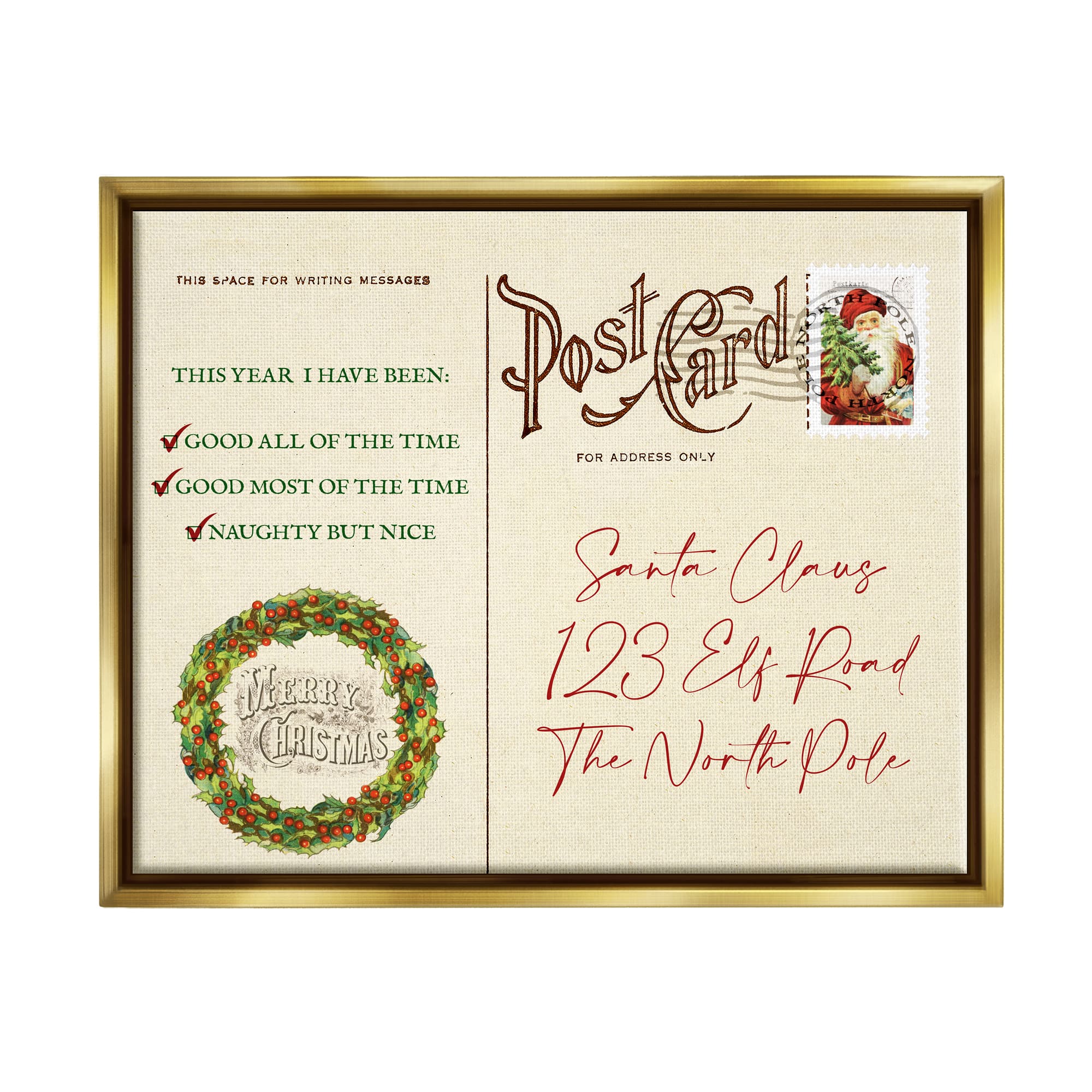 Stupell Industries Merry Christmas Vintage Postcard Framed Floater Canvas Wall Art