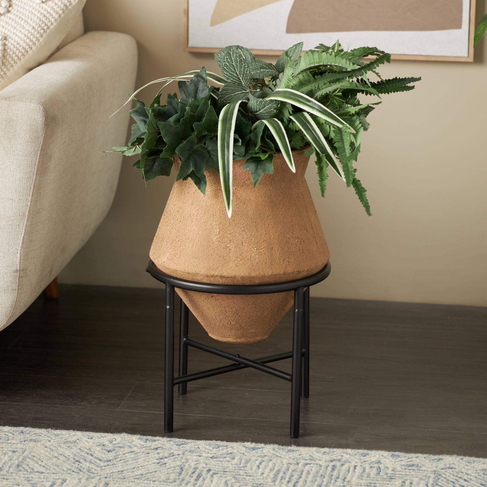 20" Brown Wide Metal Vase with Black Stand
