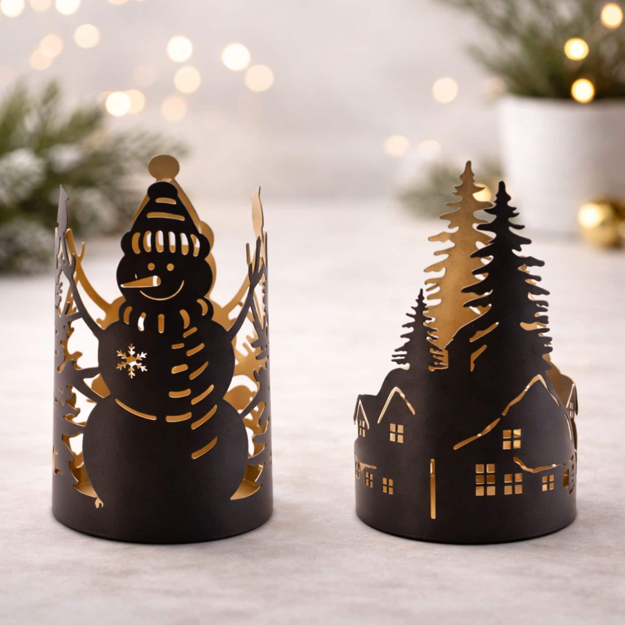 Melrose Snowman & Forest Metal Cut Candle Holder Set