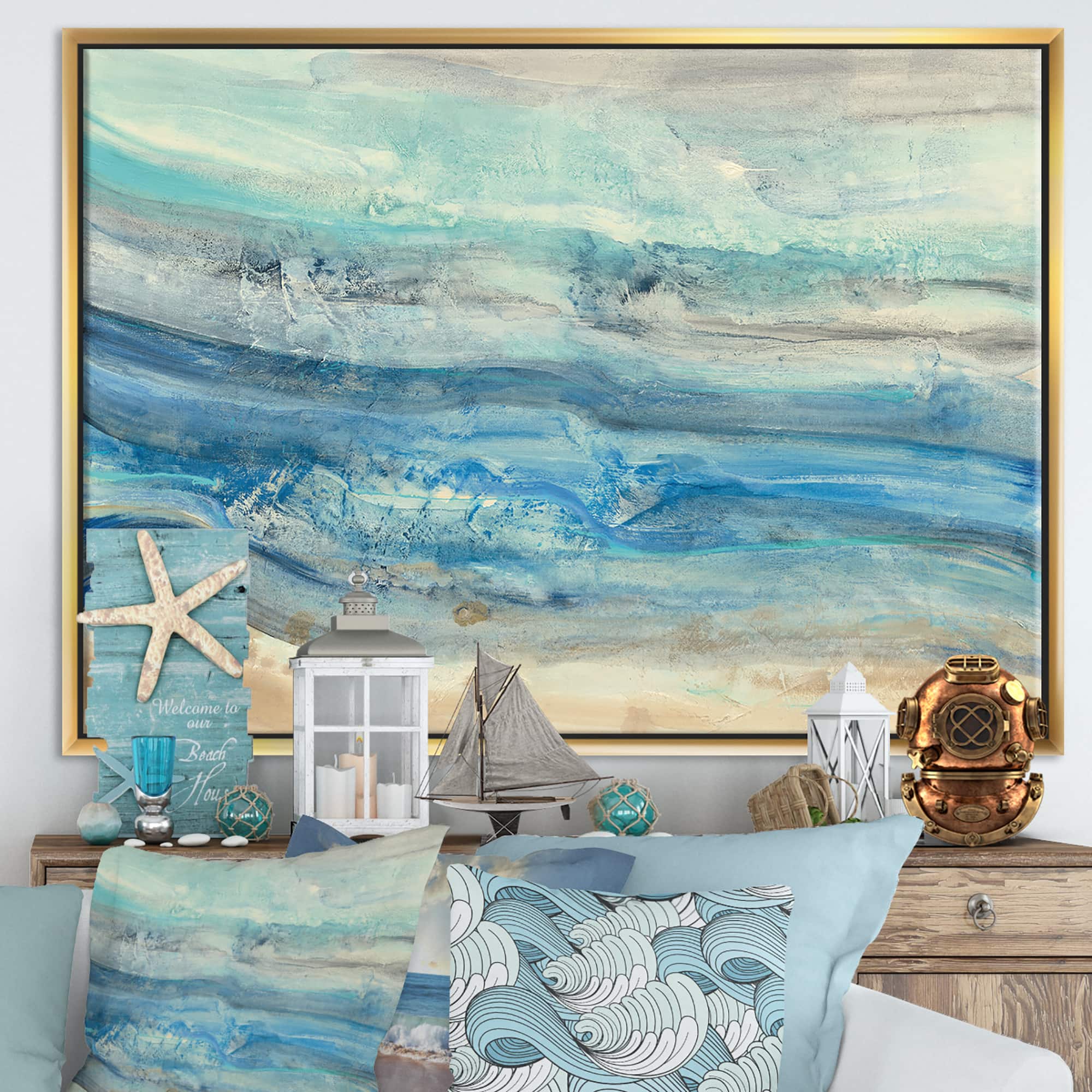Designart - Ocean Mineral Waves - Nautical & Coastal Canvas in Gold Frame