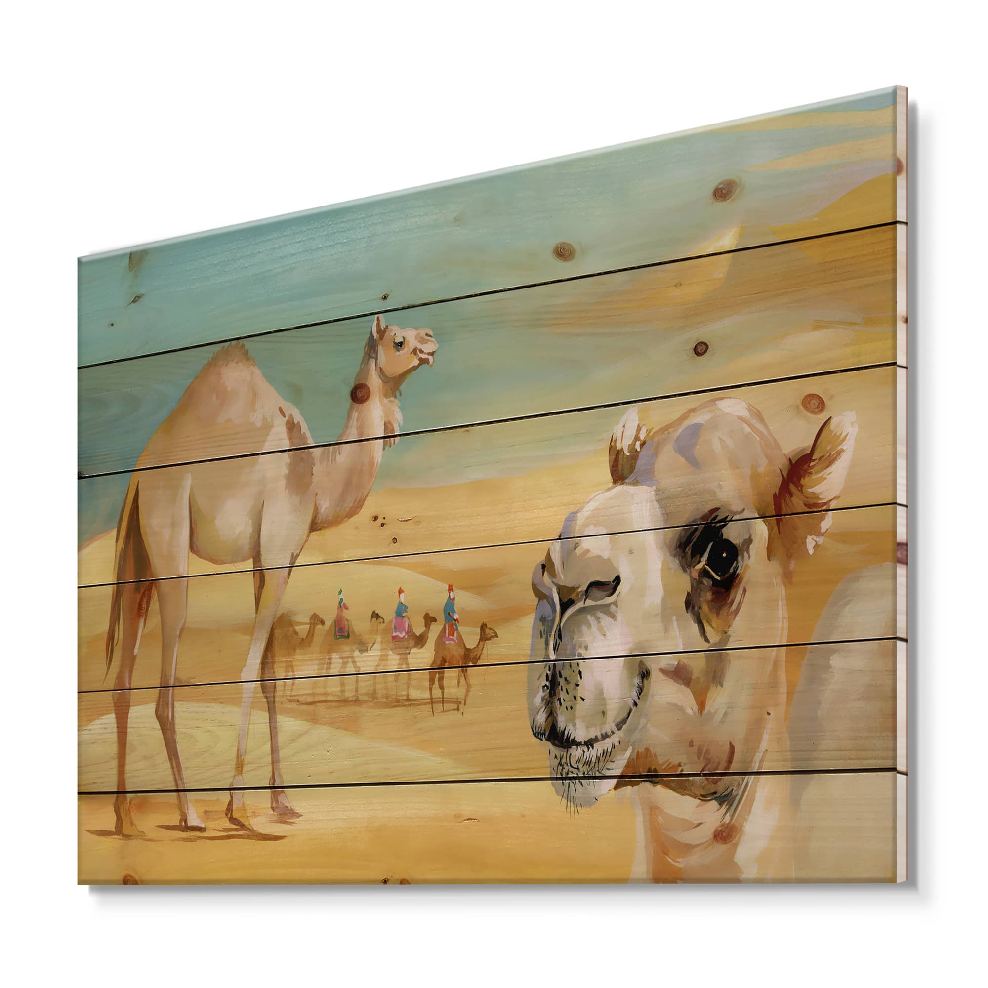 Designart - Camels In The Desert - Farmhouse Print on Natural Pine Wood
