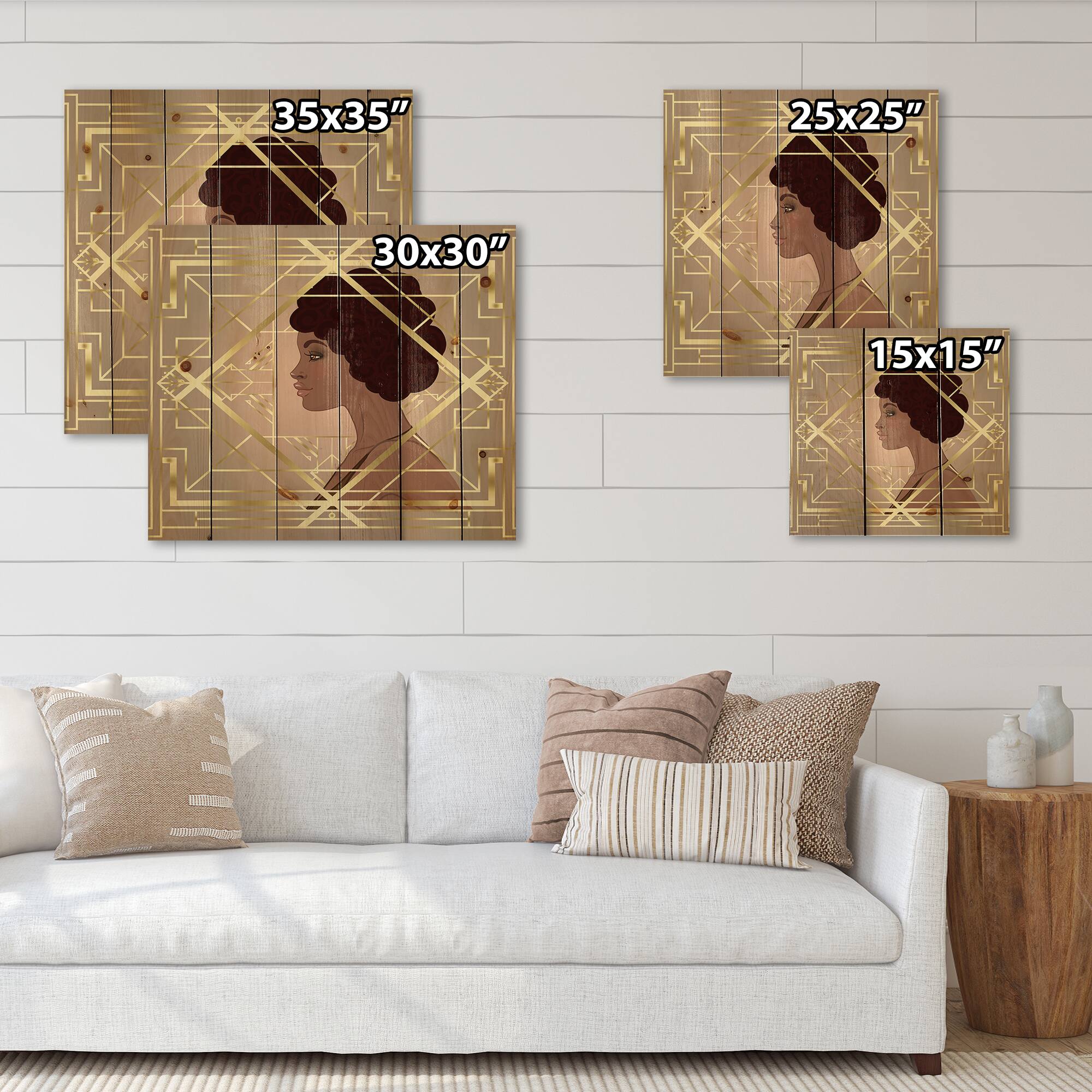 Designart - Retro Women In Golden Art Deco Geometrics II - Modern Print on Natural Pine Wood