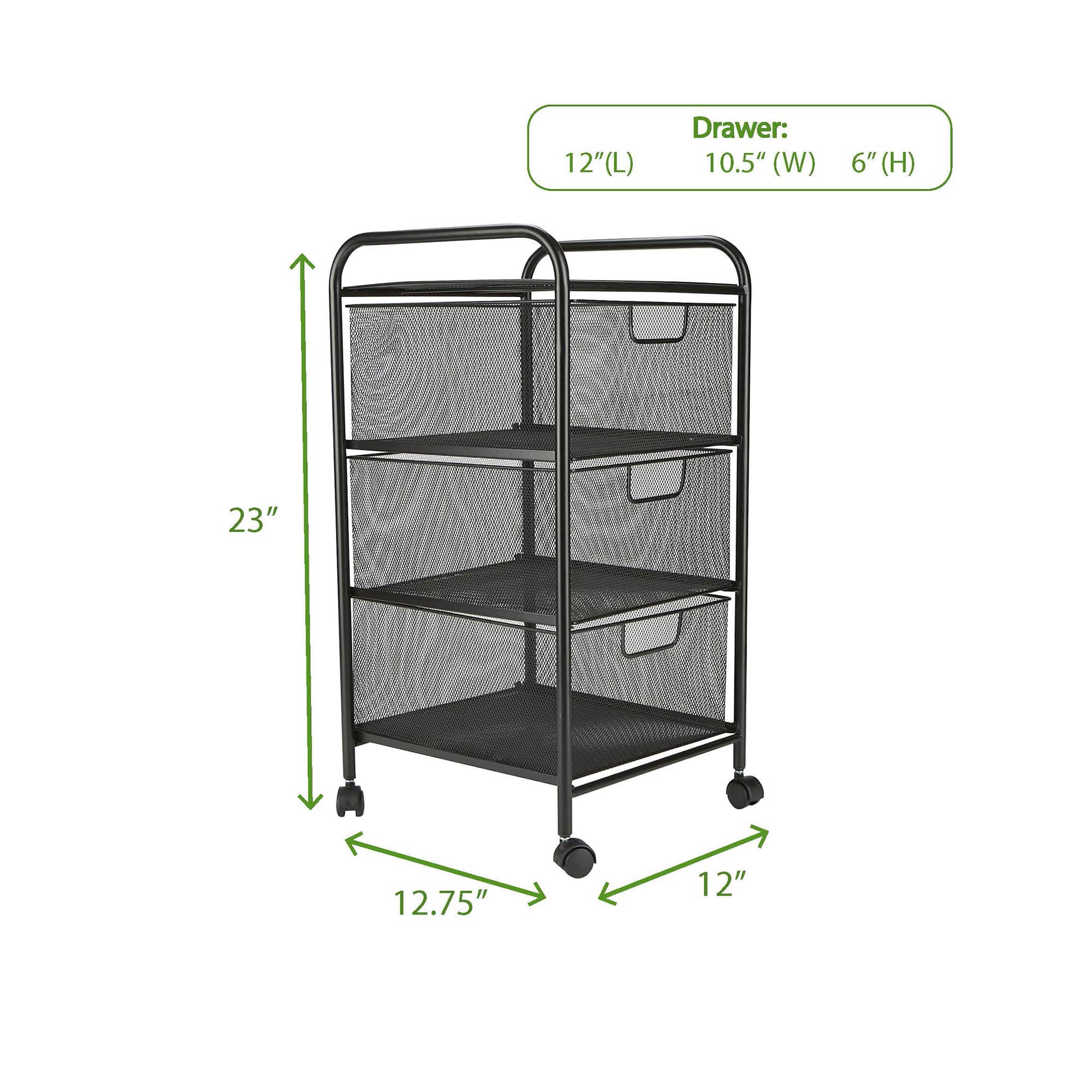 Mind Reader Black 3 Drawer Mesh Rolling Cart
