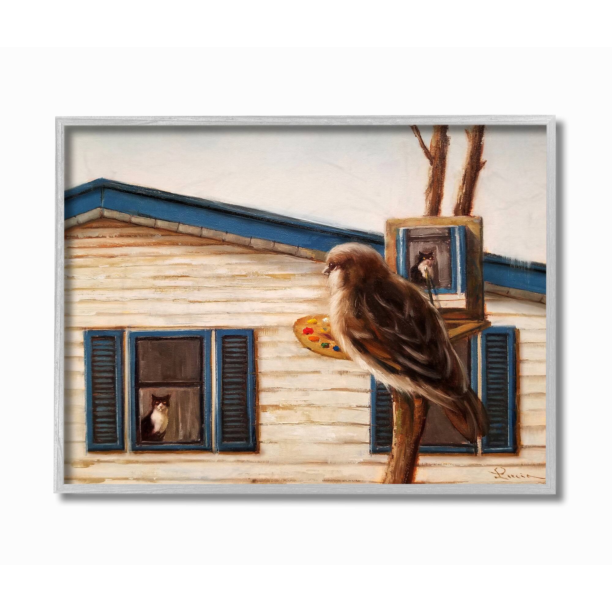 Stupell Industries Bird Paints Indoor Cat Gray Framed Wall Art