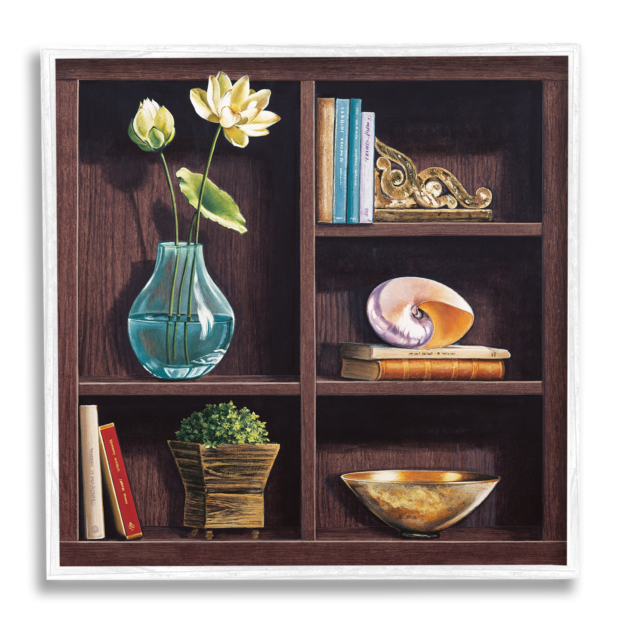 Stupell Industries Elegant Bookshelf Still-Life with Lotus Floral Vase in White Frame Wall Art