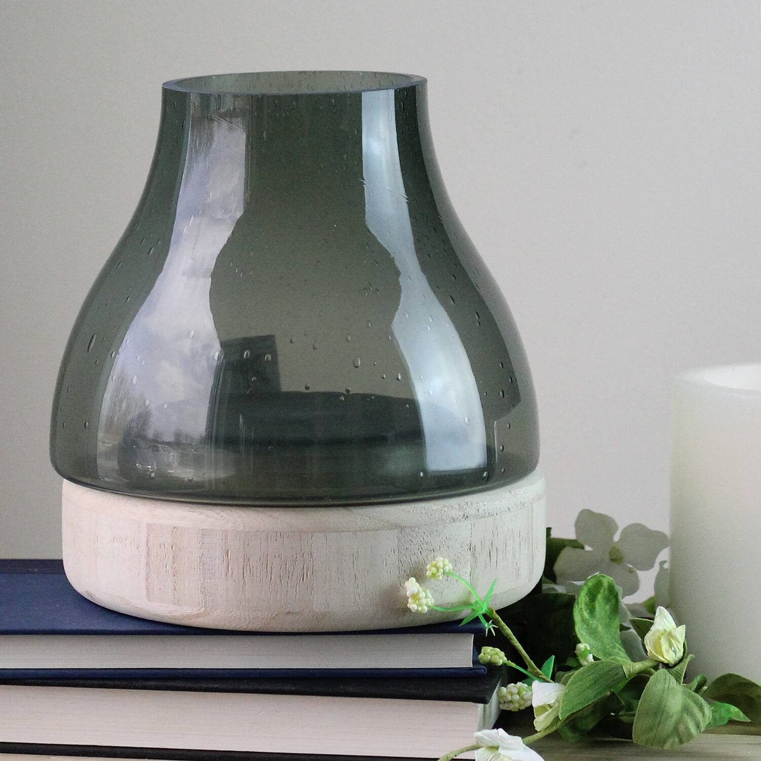 8" Storm Gray Bubble Glass Pillar Candle Holder with Wooden Base