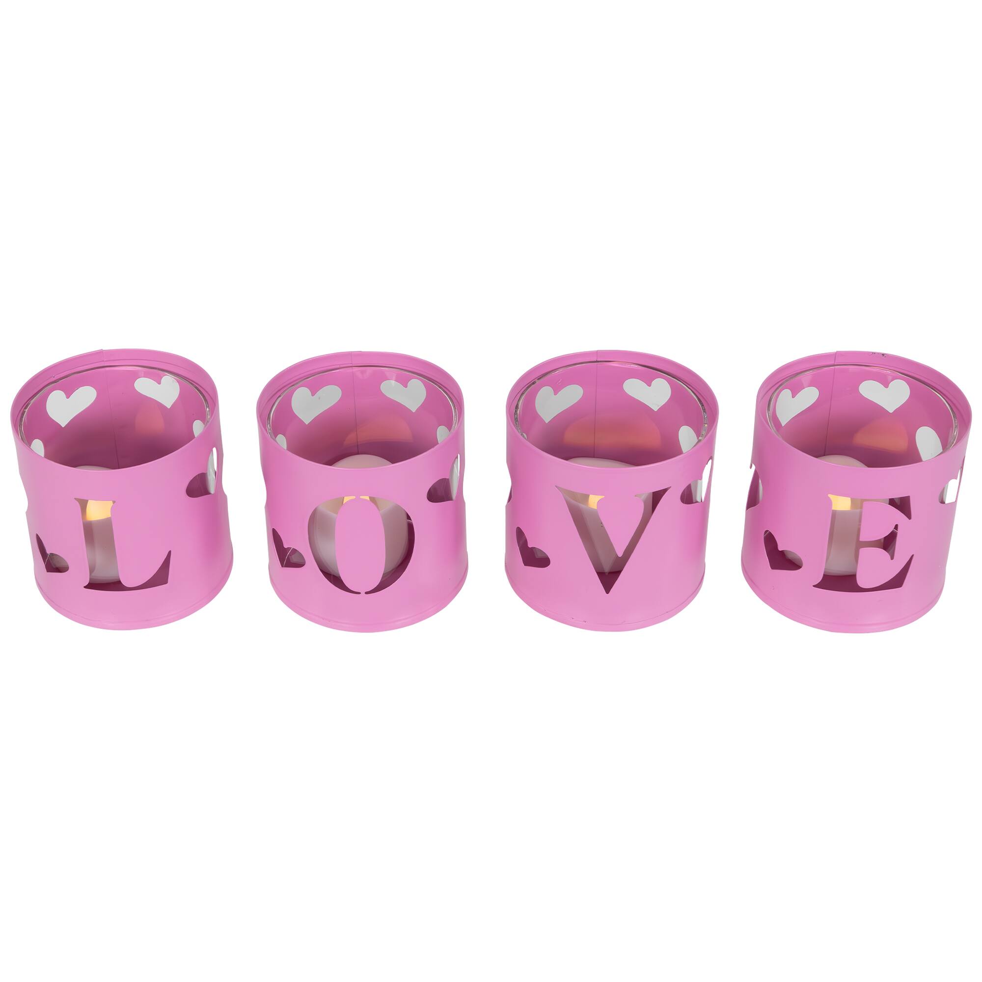 Pink Valentine's Day Love Metal Votive Candle Holders Set