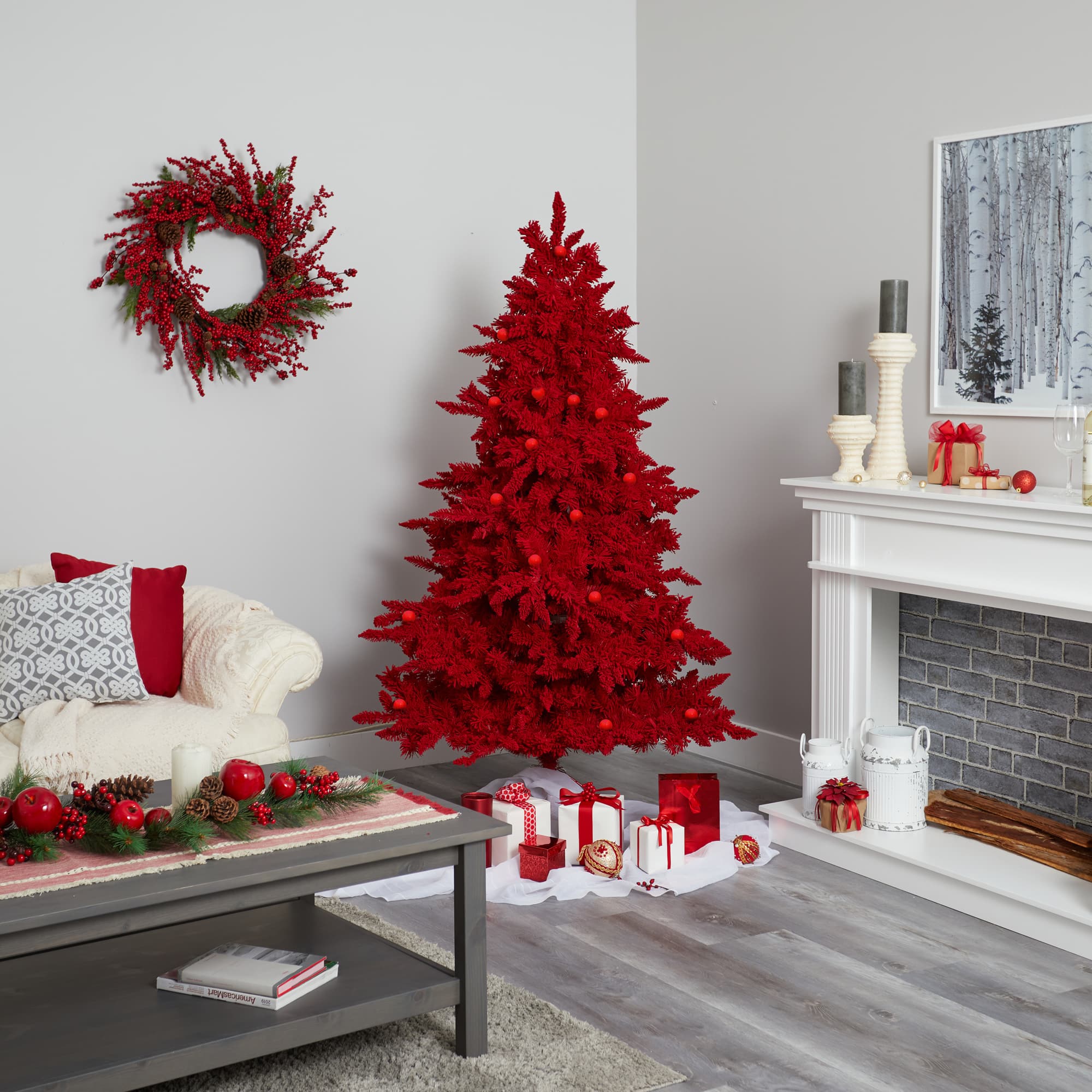 7ft. Pre-Lit Red Fraser Fir Artificial Christmas Tree, Red Lights