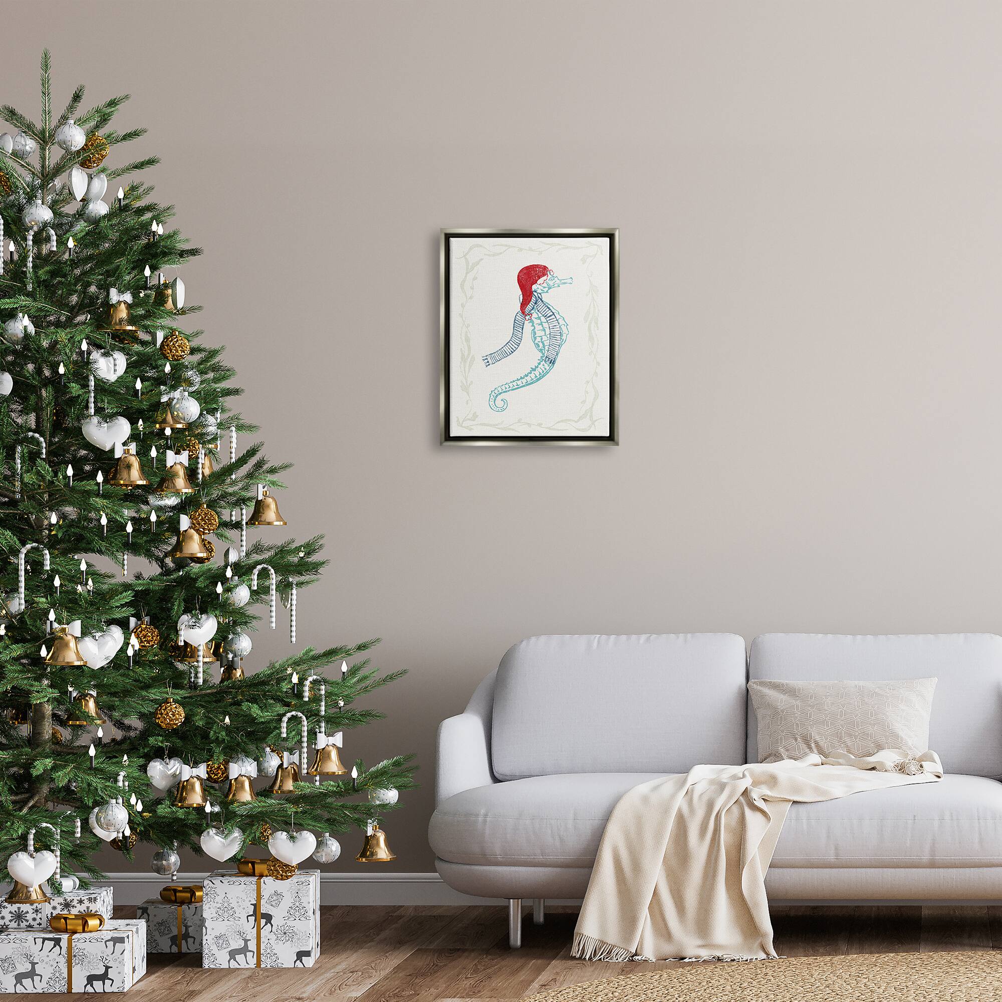 Stupell Industries Coastal Christmas Seahorse Santa Framed Floater Canvas Wall Art
