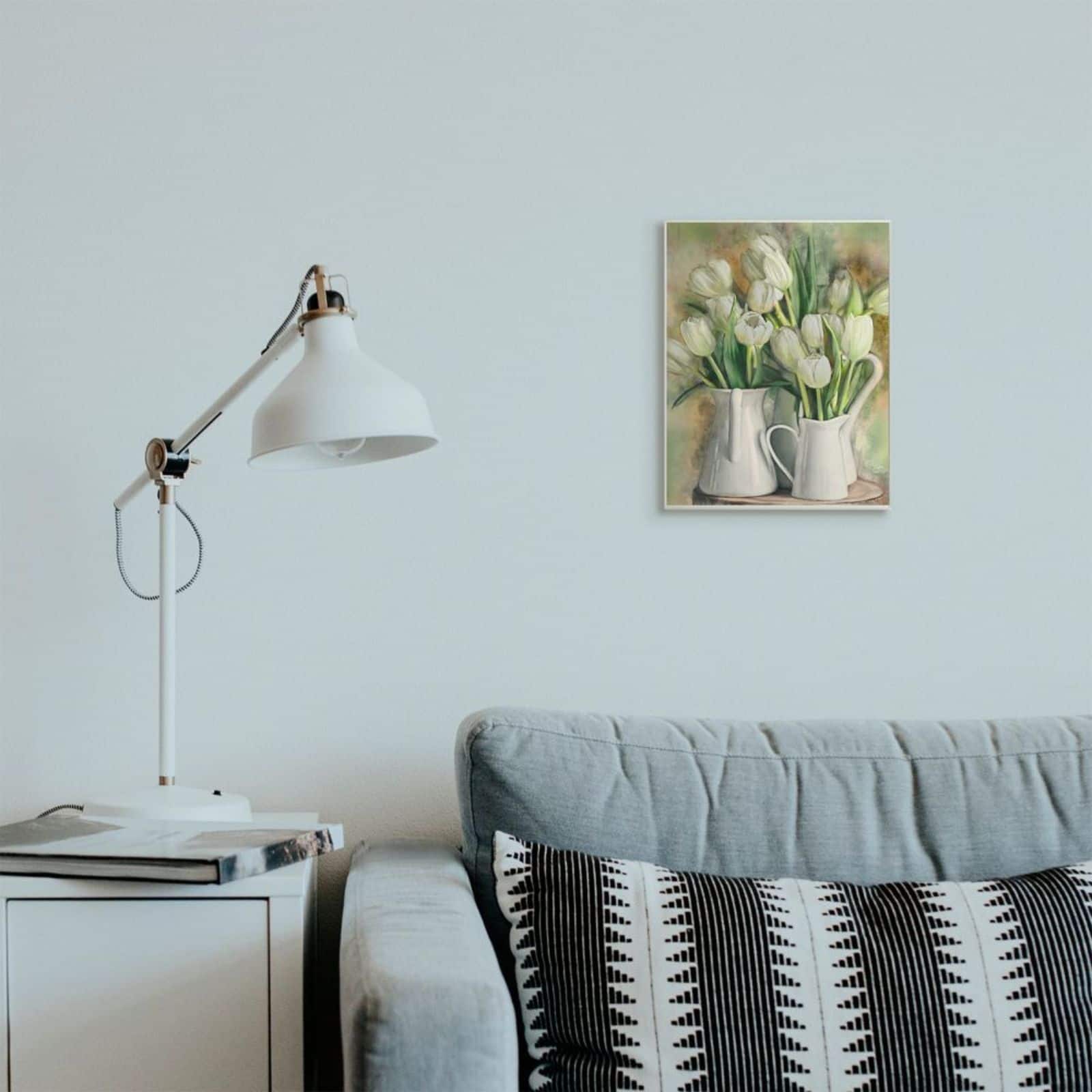 Stupell Industries White Tulips in Pitchers Wooden Wall Plaque