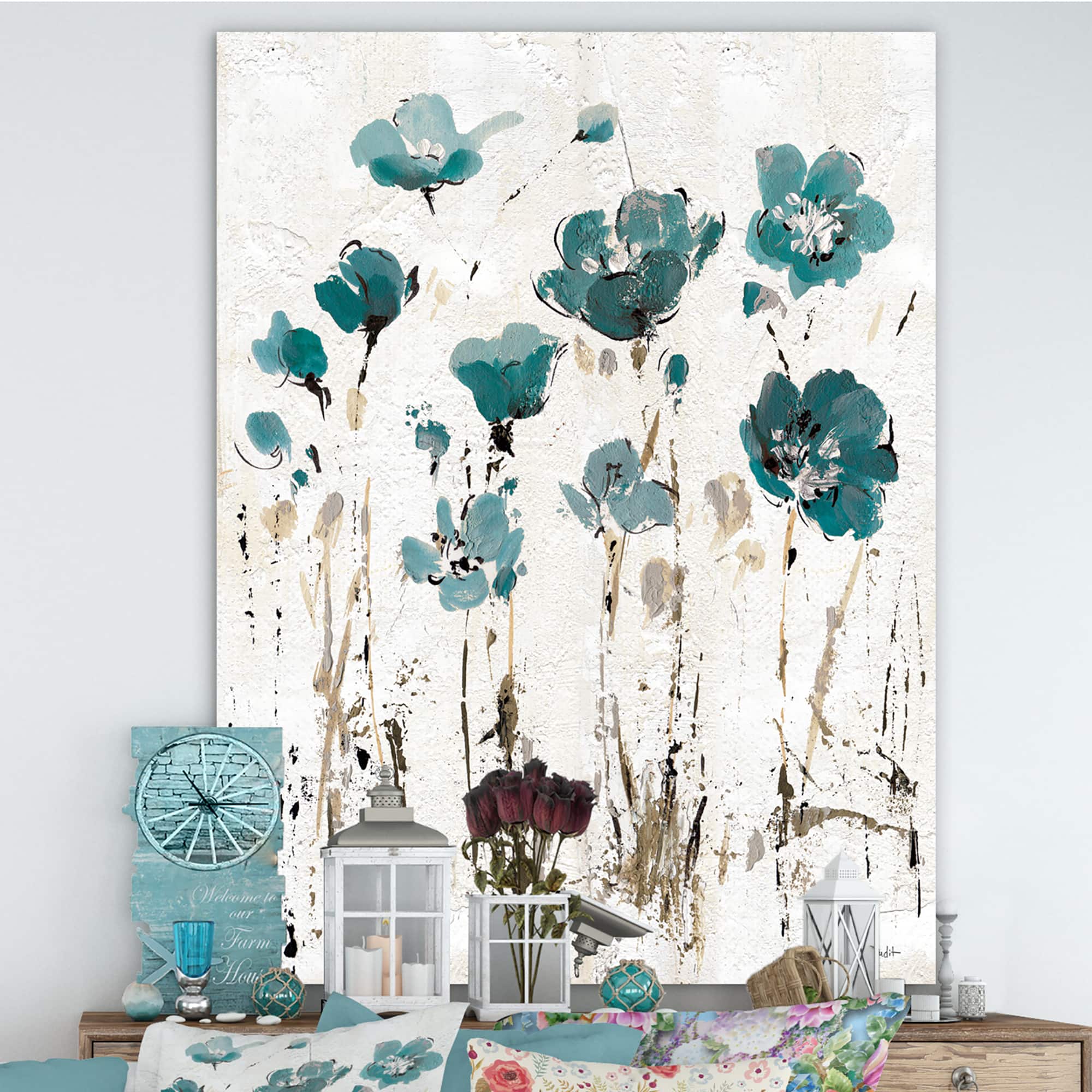Designart - Fields of Turquoise Watercolor Flower I - Traditional Premium Canvas Wall Art