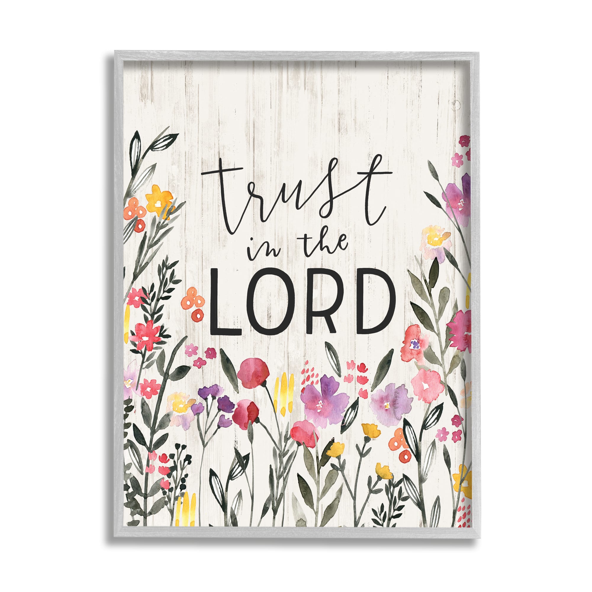 Stupell Industries Trust in the Lord Proverb Spring Watercolor Flowers in Gray Frame Wall Art