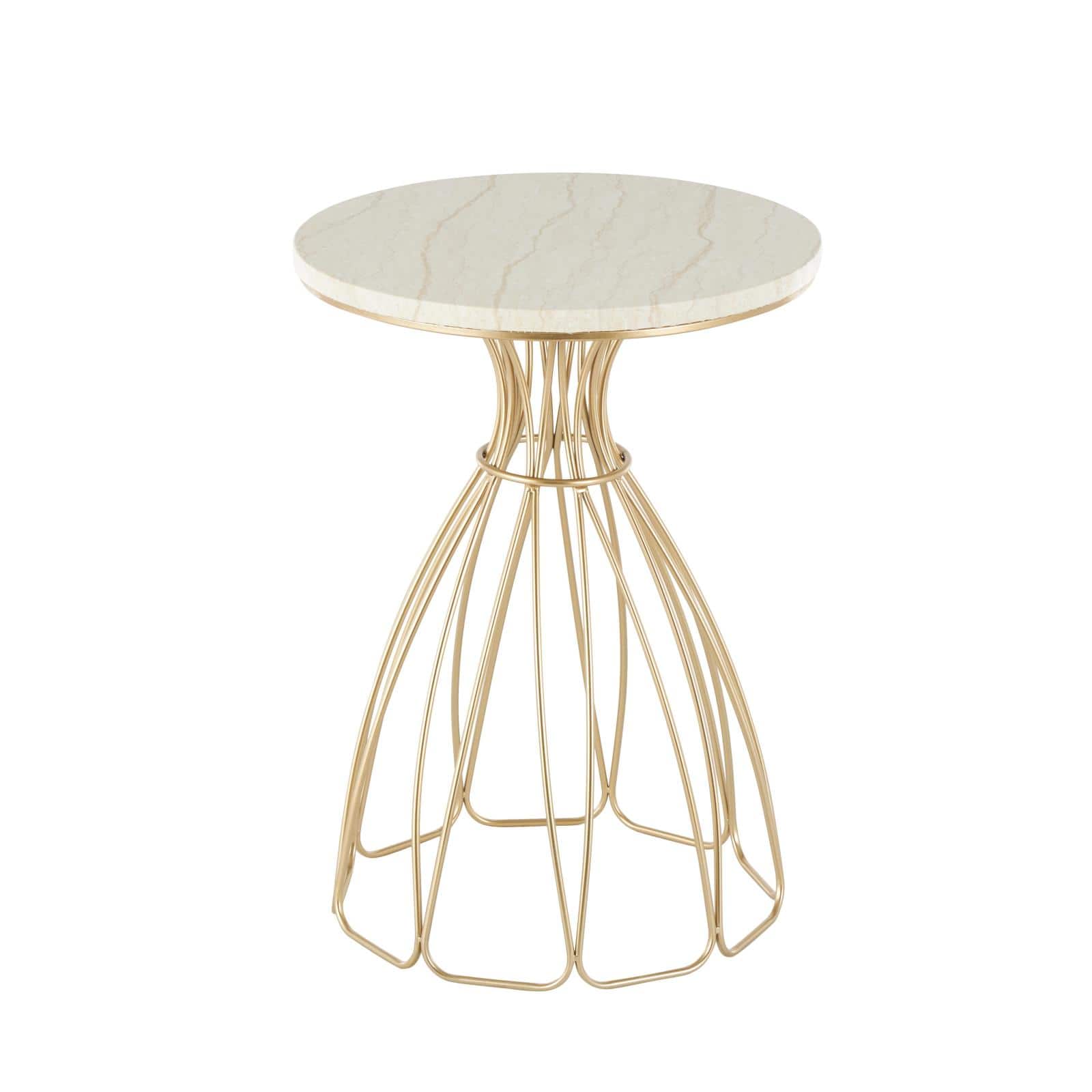 21.5" Gold Metal Flower Inspired Accent Table with Cream Marble Tabletop