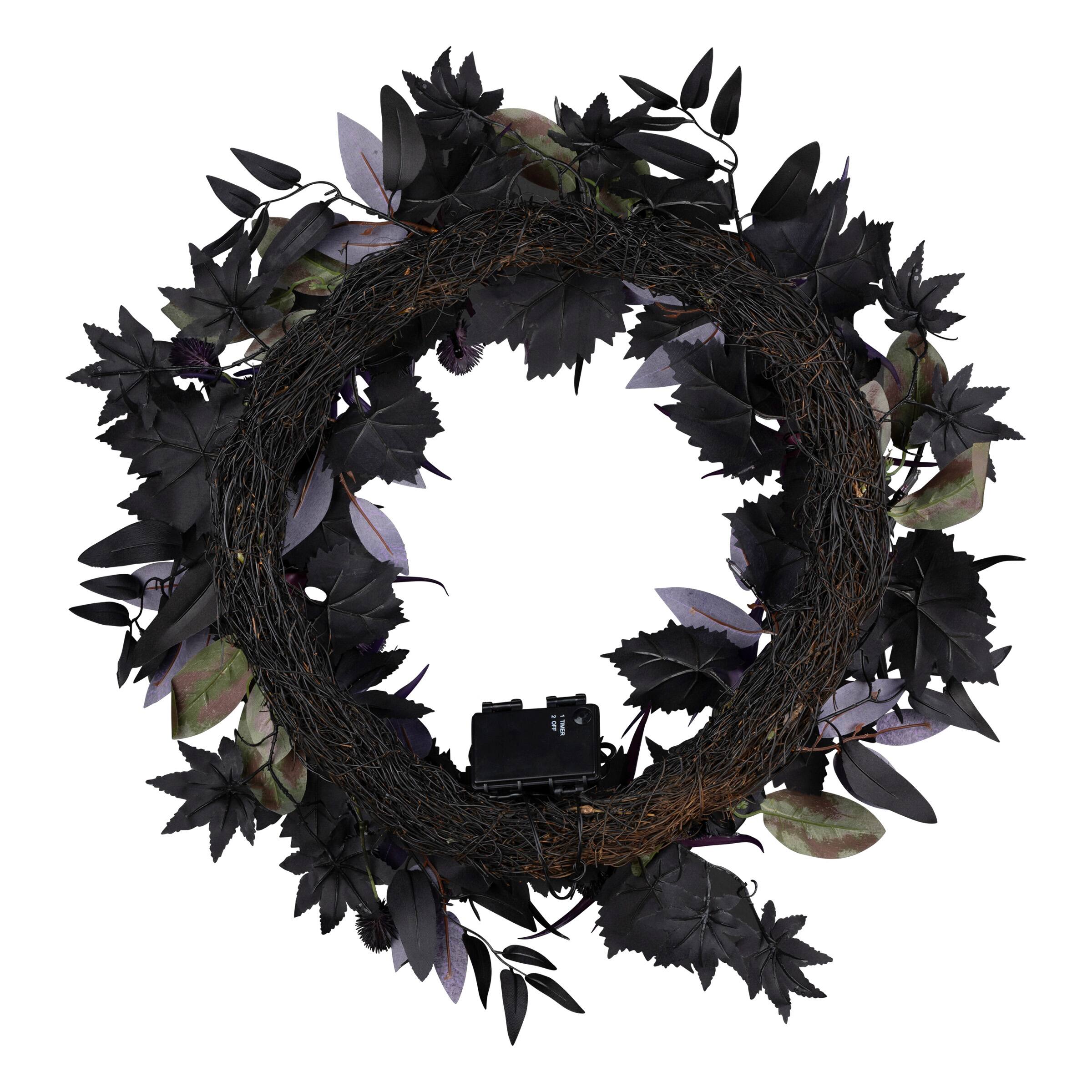 24" Scare in the Air Purple & Black Flower Halloween Pre-Lit LED Wreath
