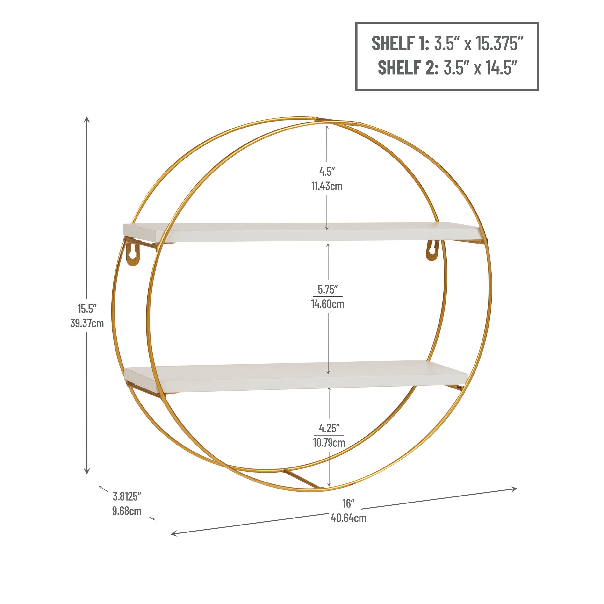 Mind Reader Floating Round Wall Shelves, Gold Metal Frame with Dual White Display Shelves, White