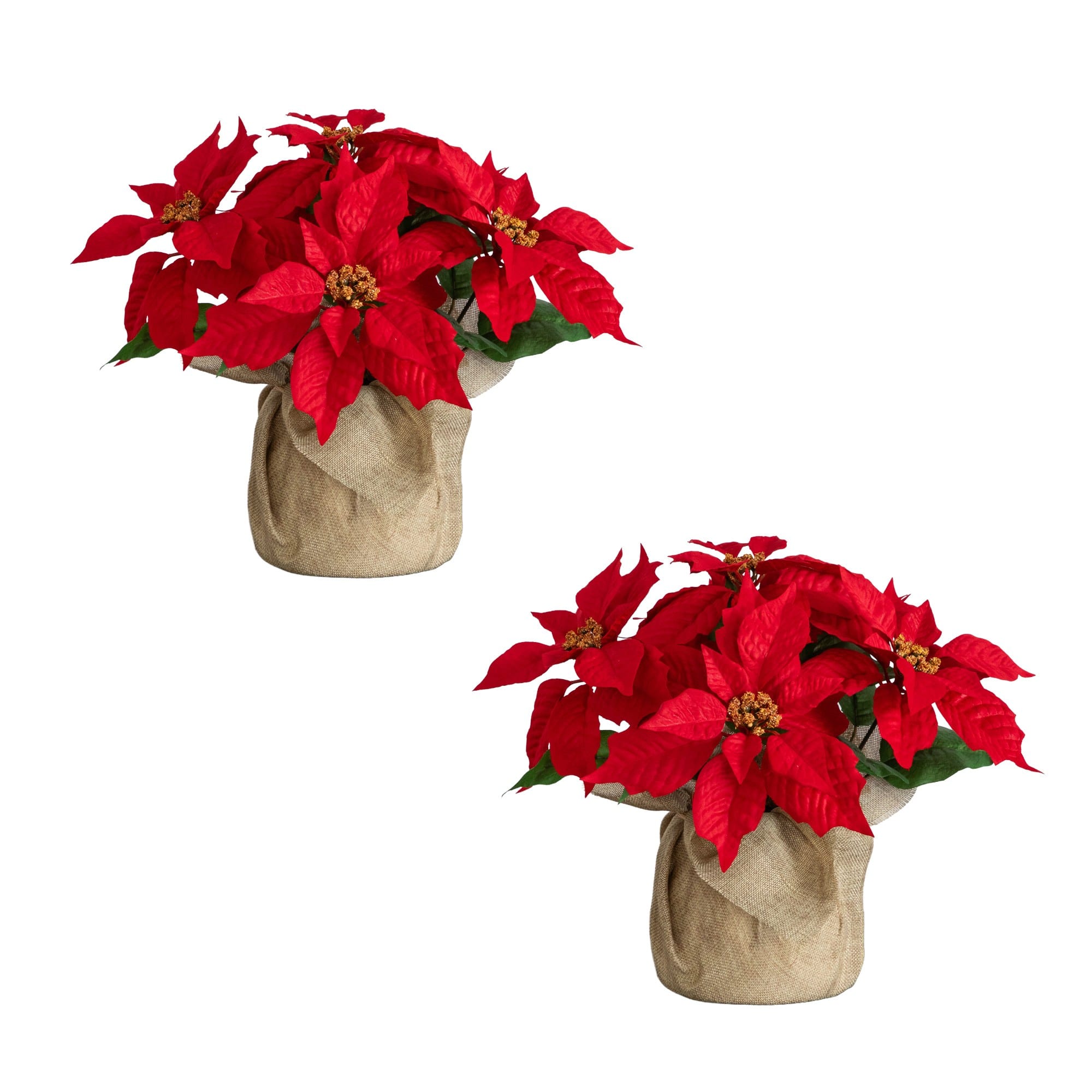 Nearly Natural 13" Artificial Poinsettia Arrangements in Burlap Planters