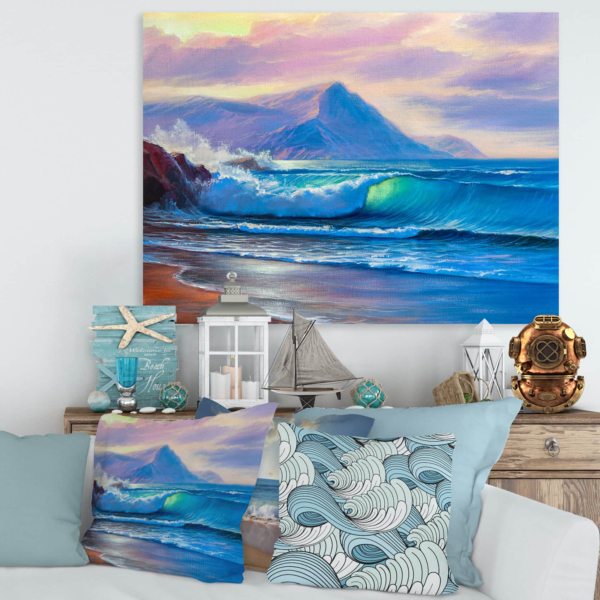 Designart - Blue Waves Breaking At The Beach I - Nautical & Coastal Canvas Wall Art Print