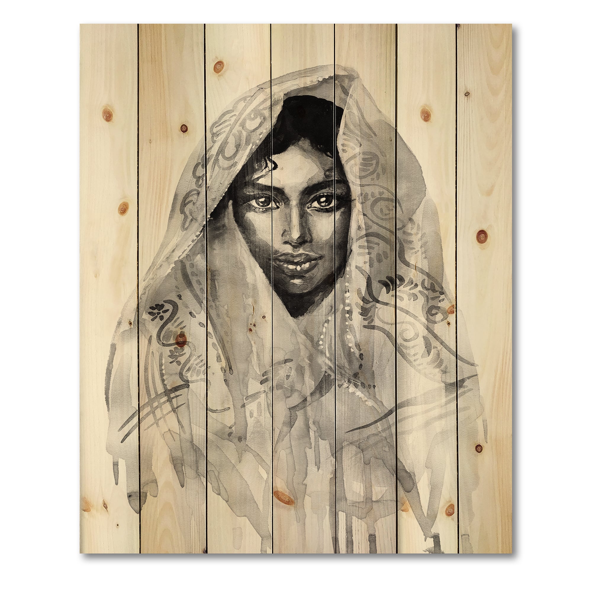 Designart - Monochrome Portrait of Young Indian Woman I - Modern Print on Natural Pine Wood