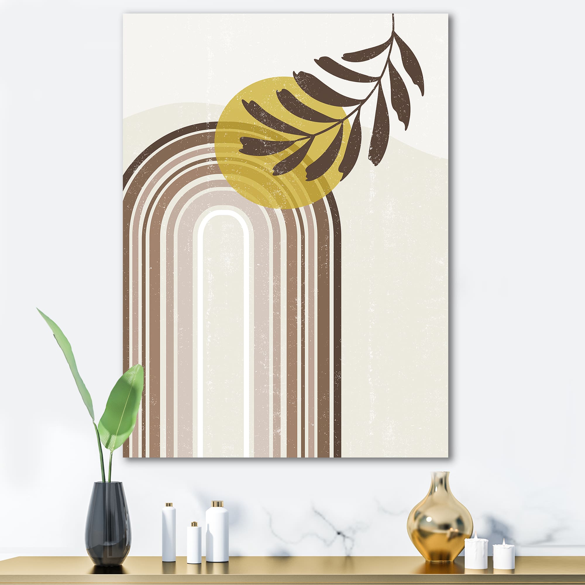 Designart - Abstract Sun and Moon With Leaf In Earth Tones - Modern Canvas Wall Art Print