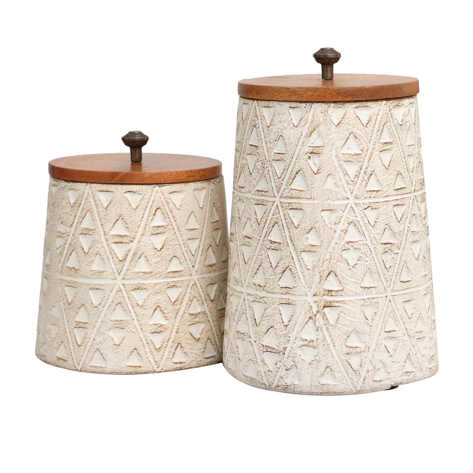 Cream Paper Mache Handmade Carved Triangle Tribal Canisters with Removable Lids Set