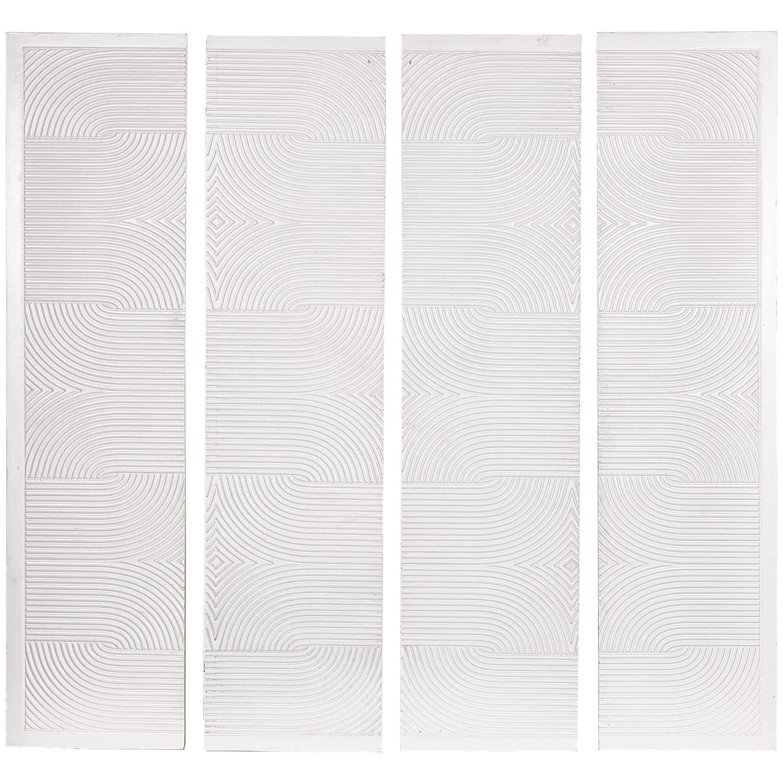 CosmoLiving by Cosmopolitan Wooden White Handmade Carved Panel Geometric Wall Art with Looped Sand Art Design, Set of 4