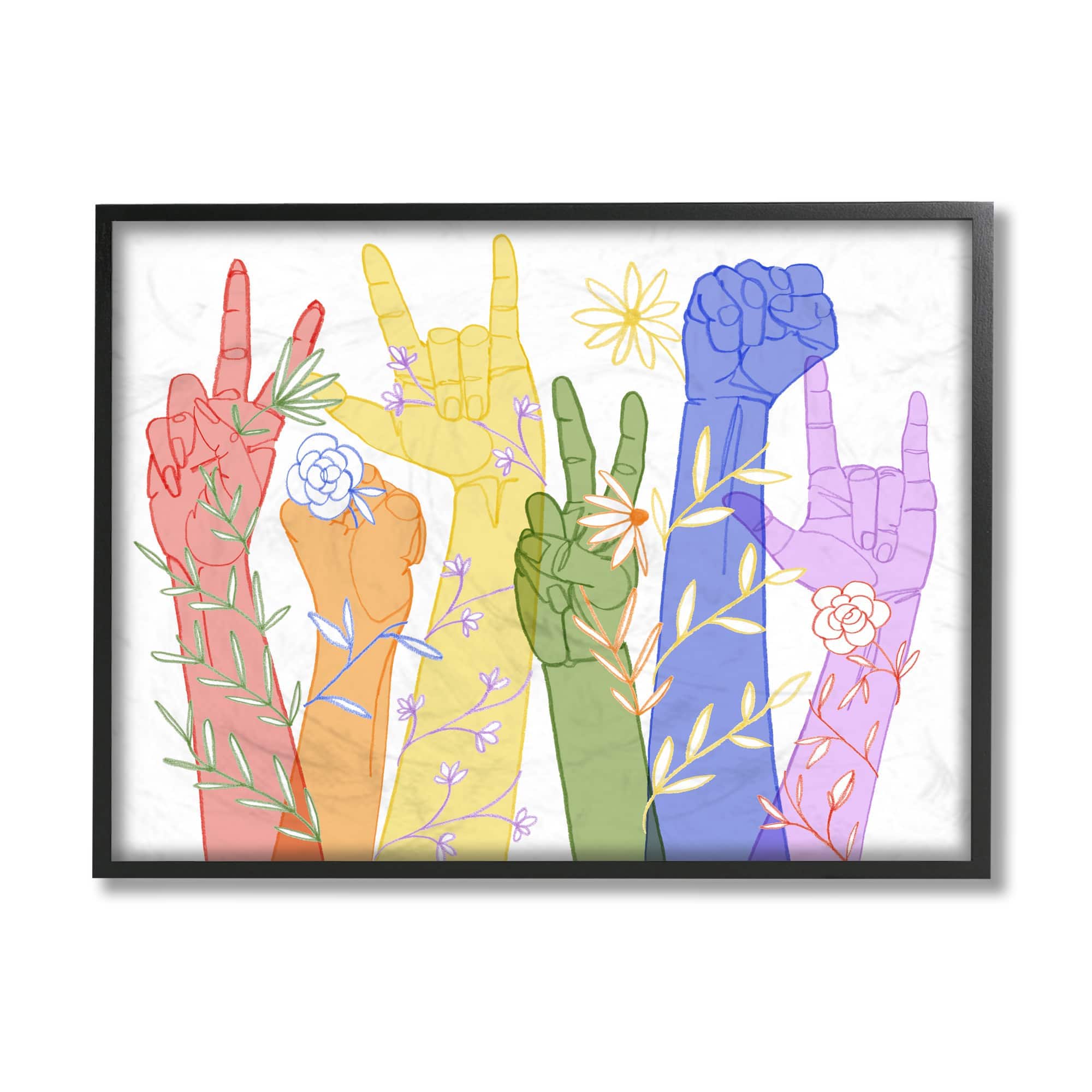 Stupell Industries Rainbow Peace Love Caring Hand Signs ASL Framed