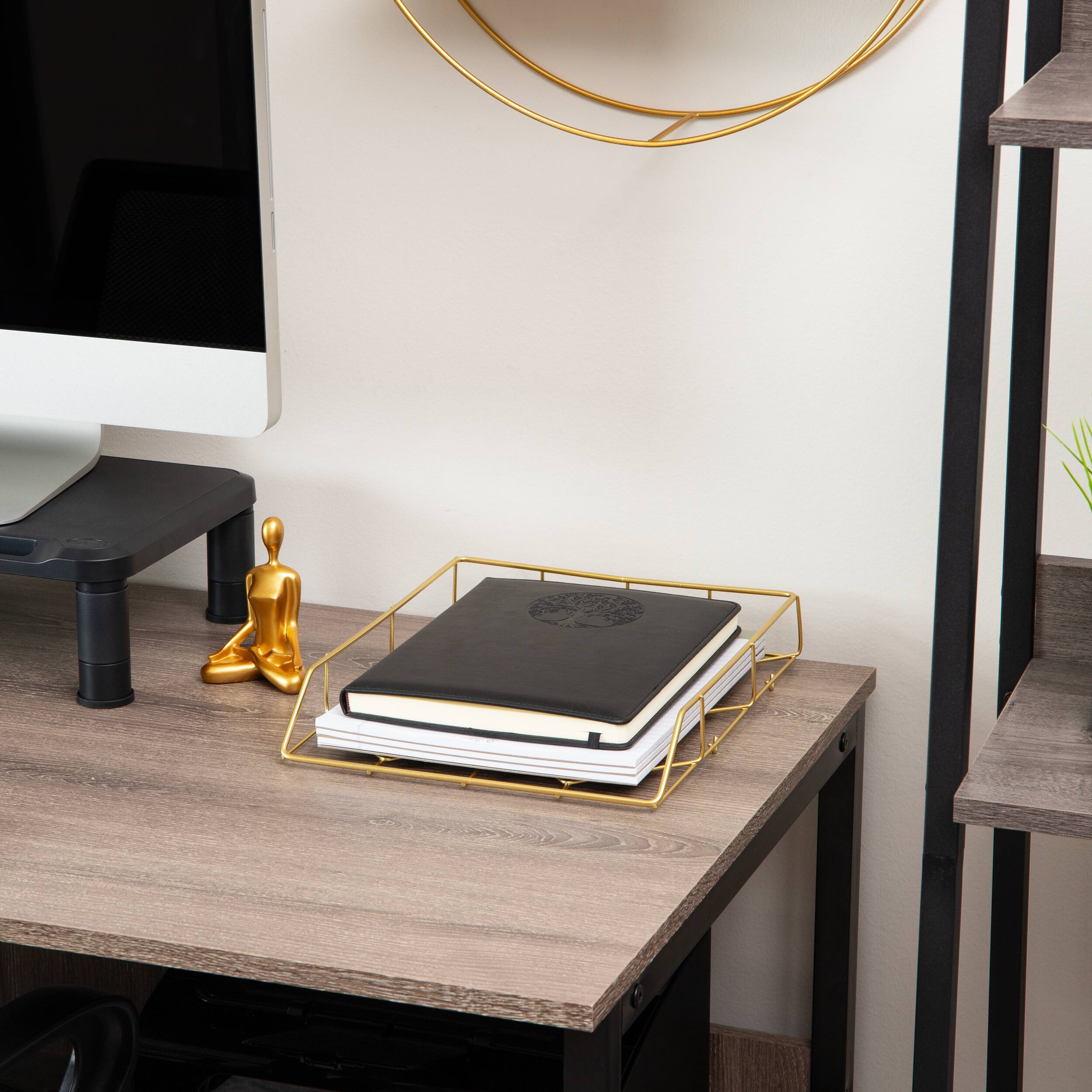 Mind Reader Gold Geometric Paper Tray, Modern Organizer for Documents, Folders, and Office Supplies, Durable and Stylish, Metal, Gold