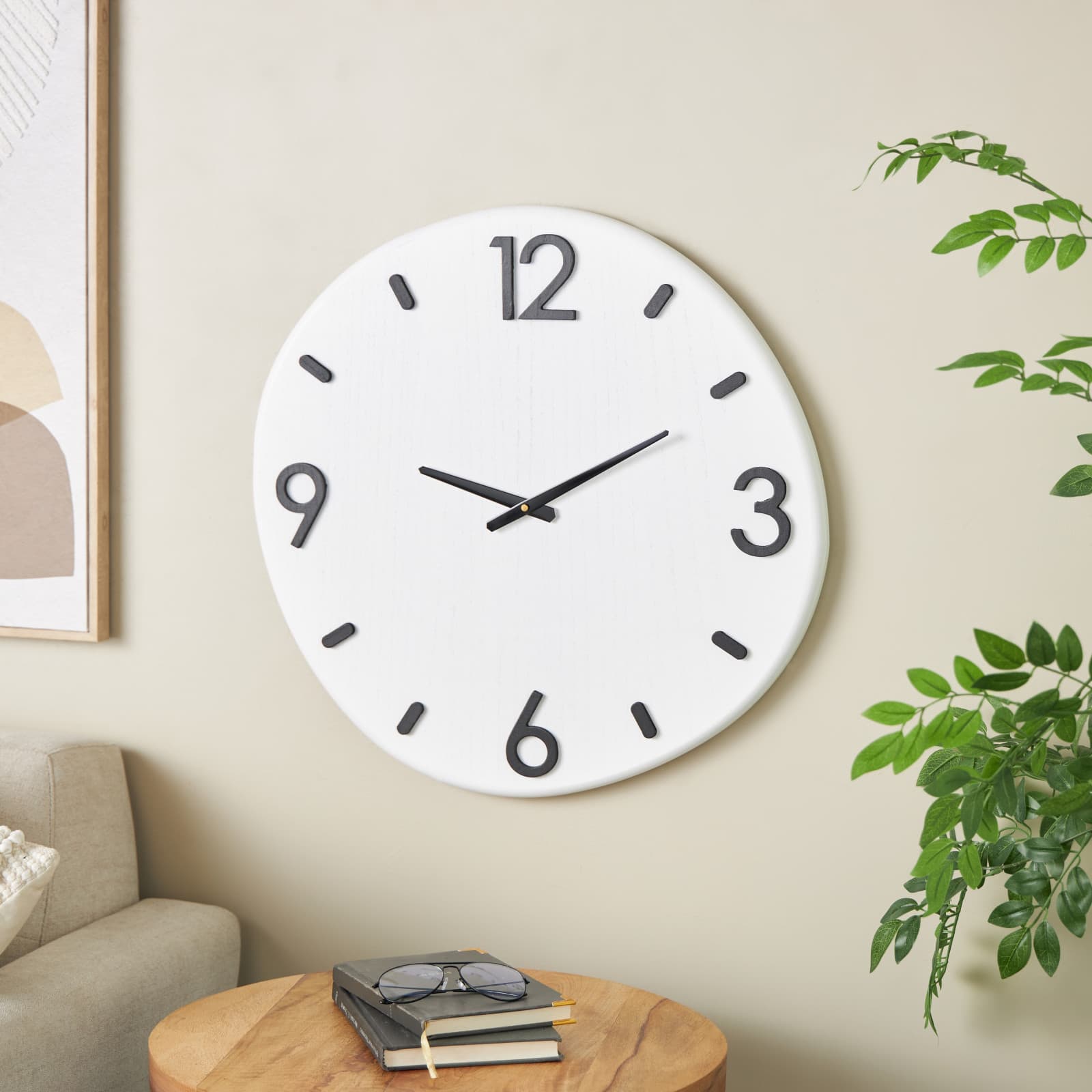 24" x 23" White Wood Round Decorative Wall Clock with Black Hands & Numbers