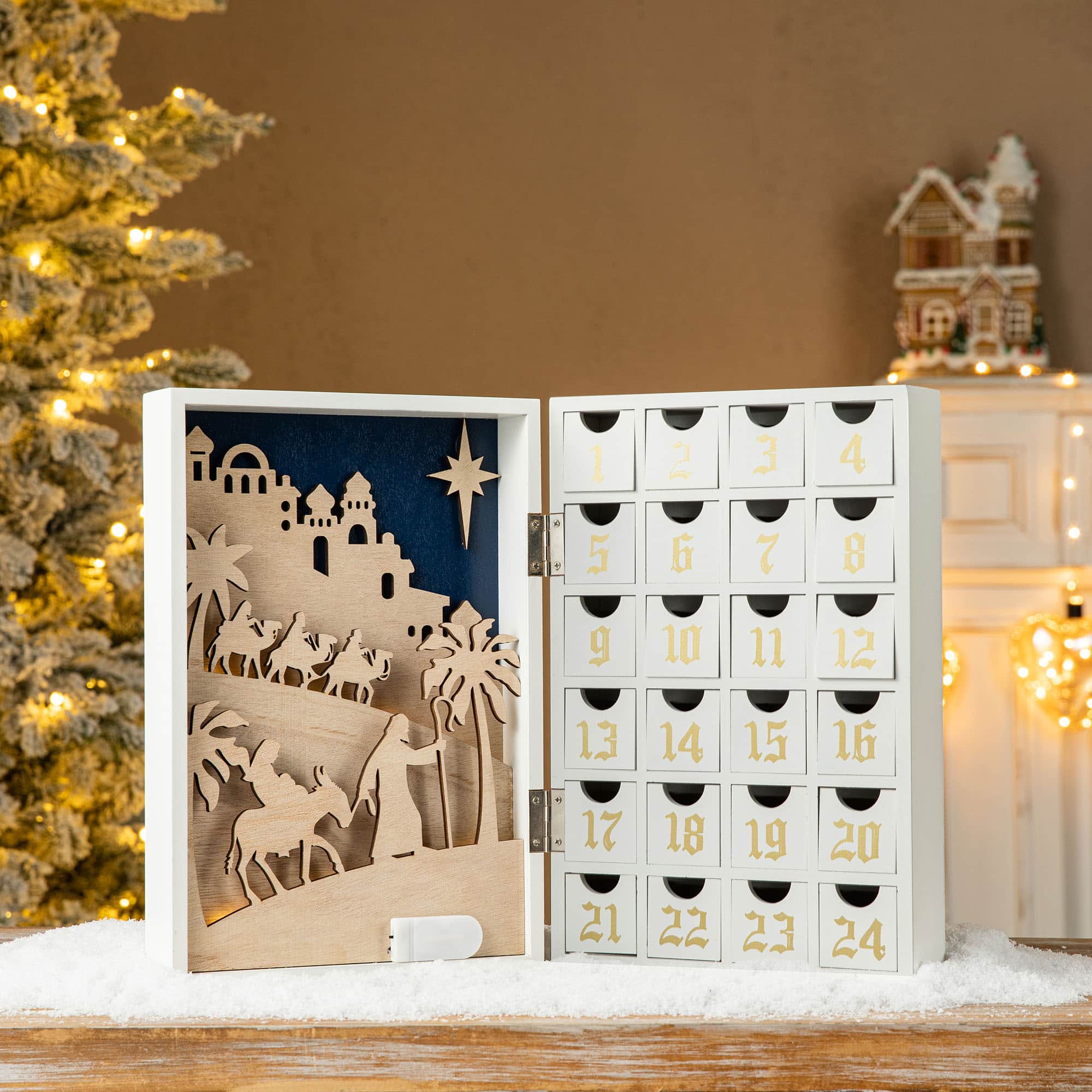 Glitzhome® 17" Lighted Christmas Nativity Advent Calendar Décor