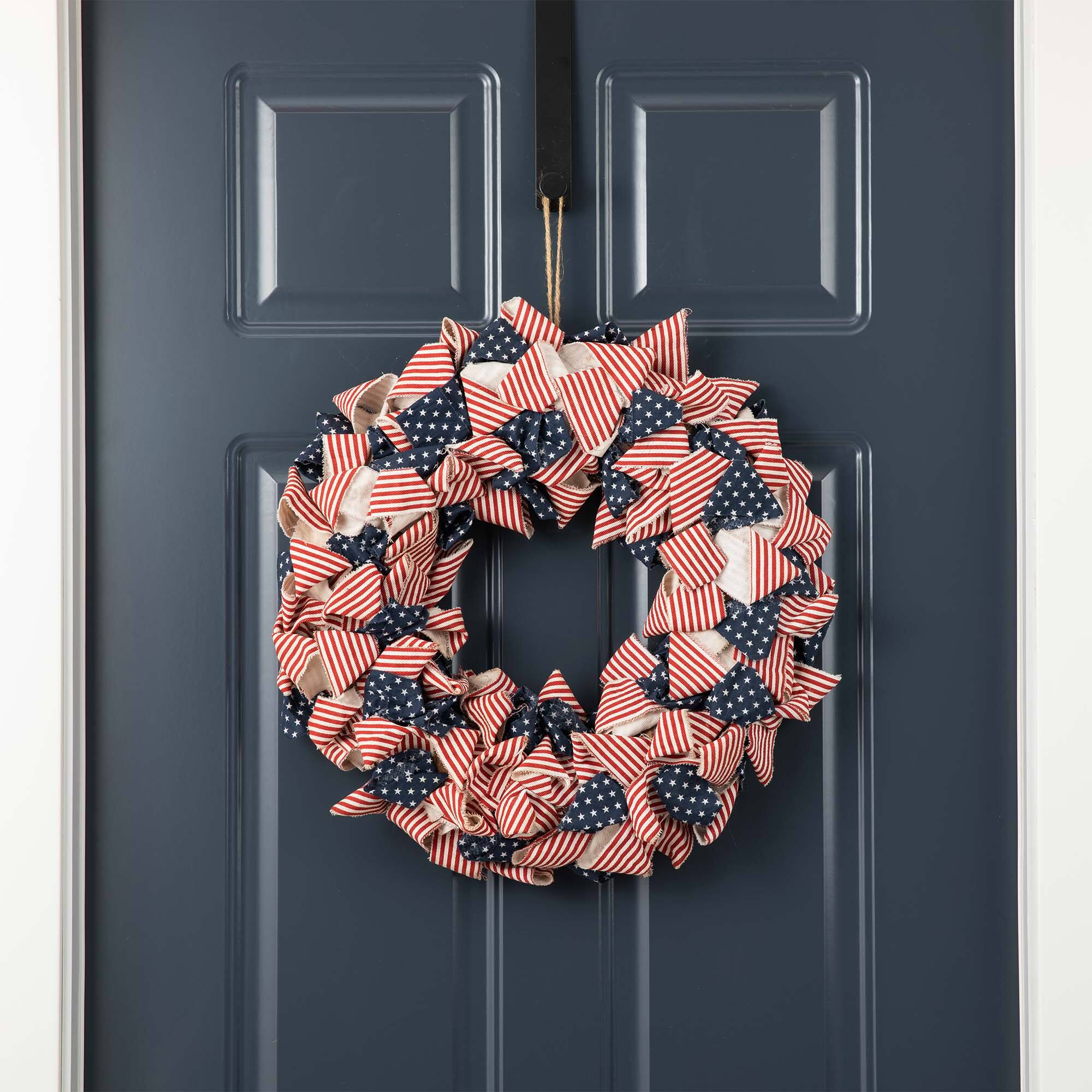 Glitzhome® 18.9" Fabric Stripes & Stars Wreath