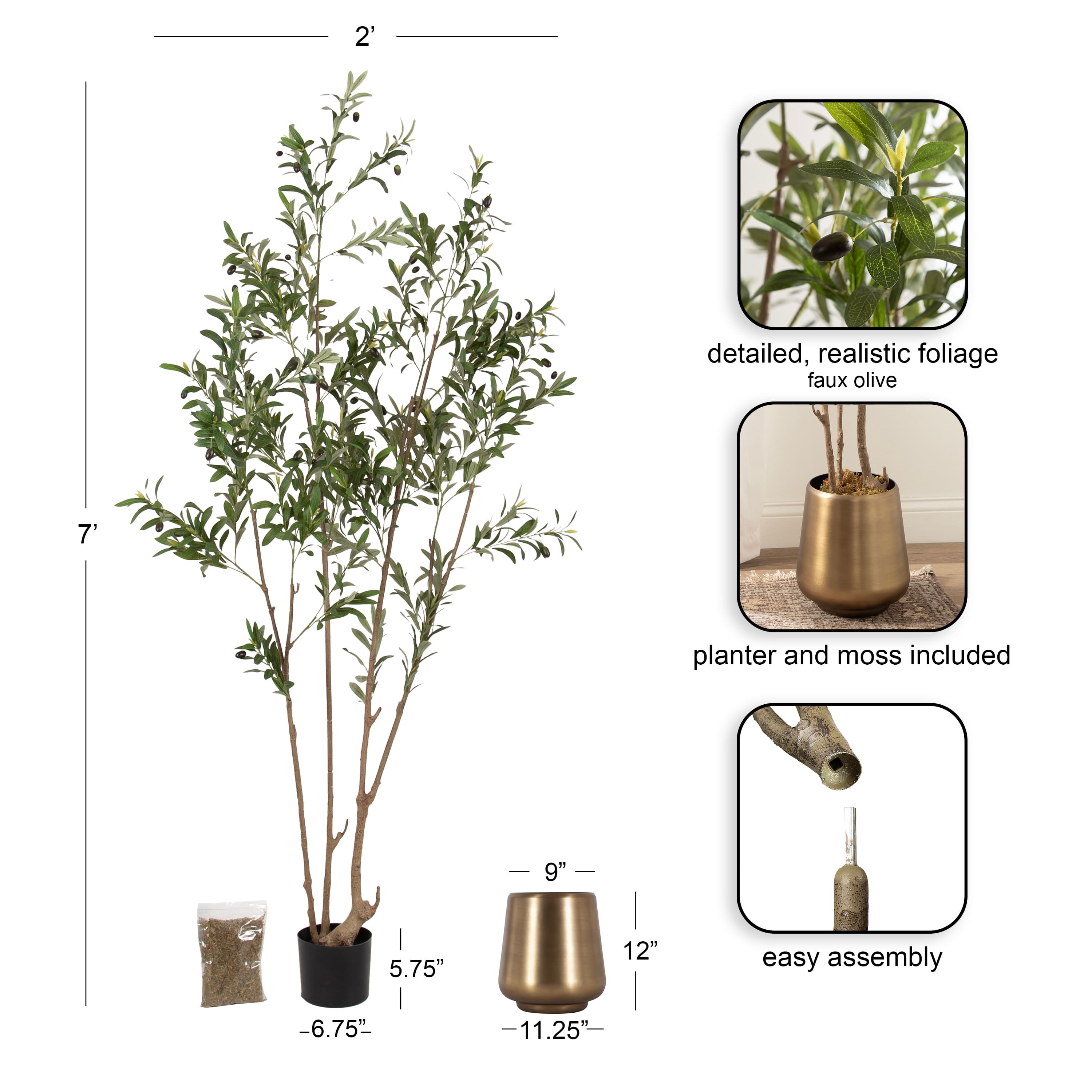 Kate and Laurel 7ft. Green Oliveira Faux Olive Tree in Gold Planter
