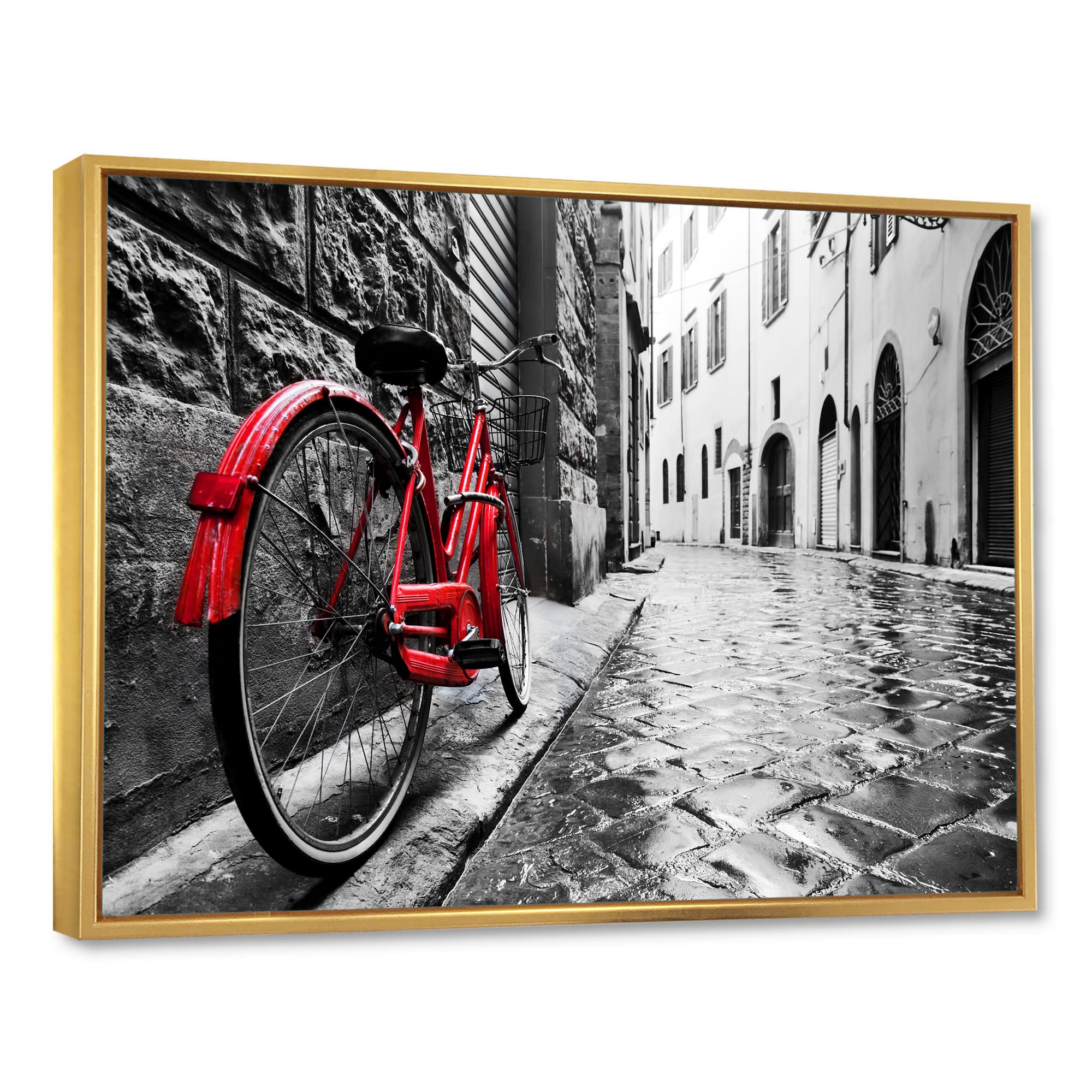 Designart - Retro Vintage Red Bike - Cityscape Photo Framed Canvas Art Print