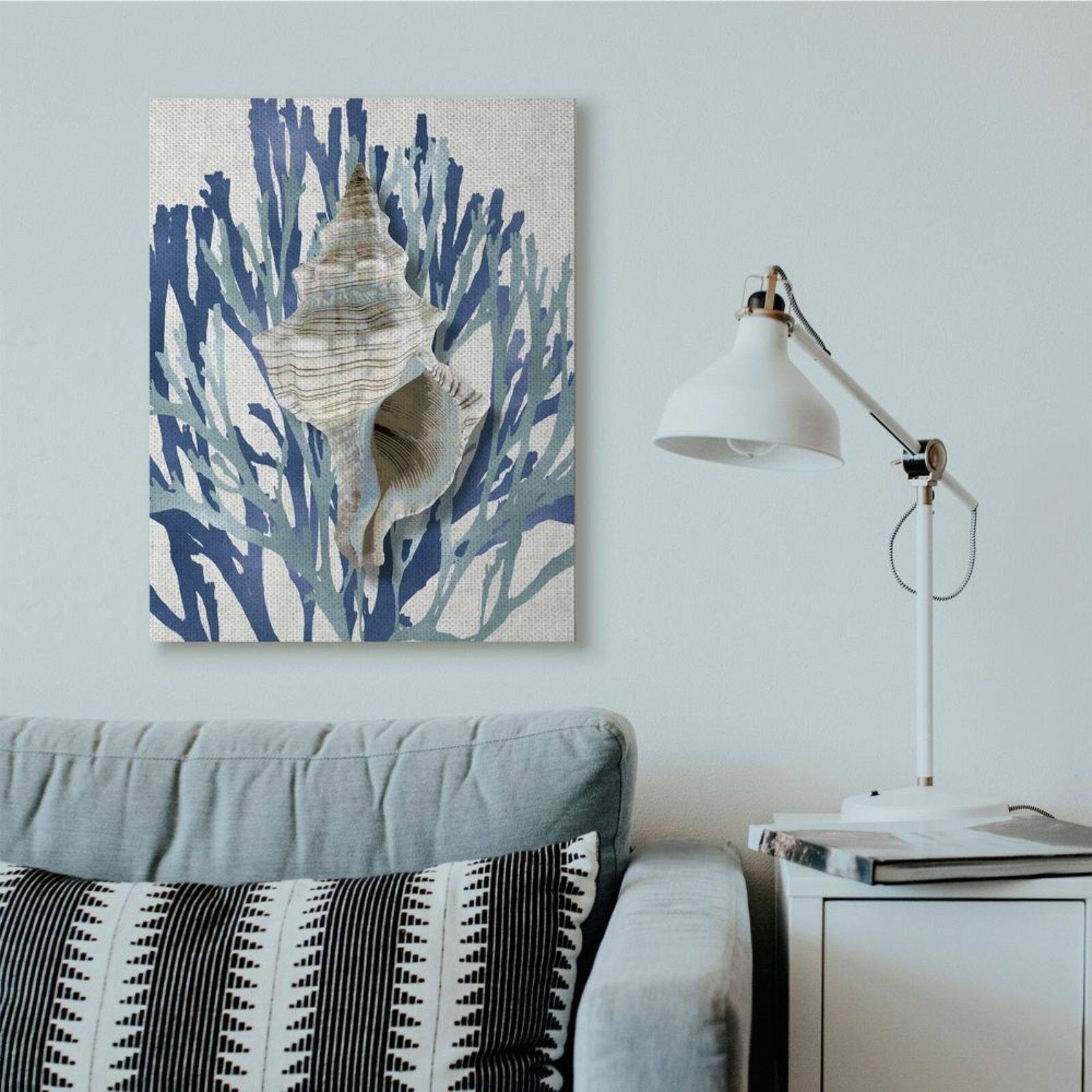 Stupell Industries Tower Shell Coral Blue Beach Design Canvas Wall Art