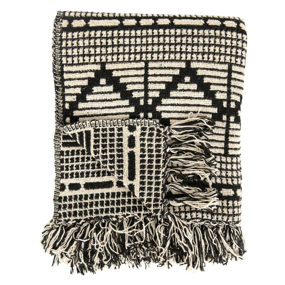 Hello Honey® Black & Beige Woven Cotton Blend Throw Blanket with Fringe