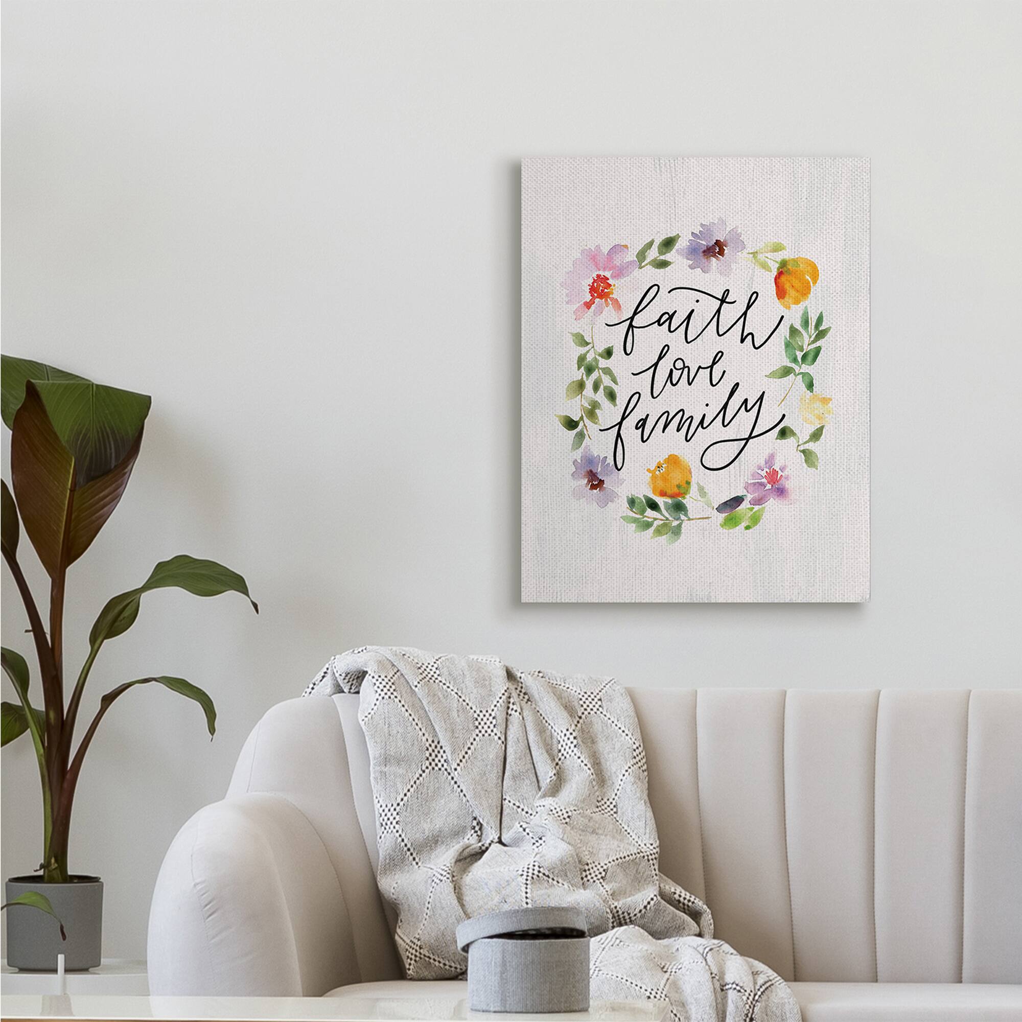 Stupell Industries Faith Love Family Quote Traditional Floral Wreath Canvas Wall Art