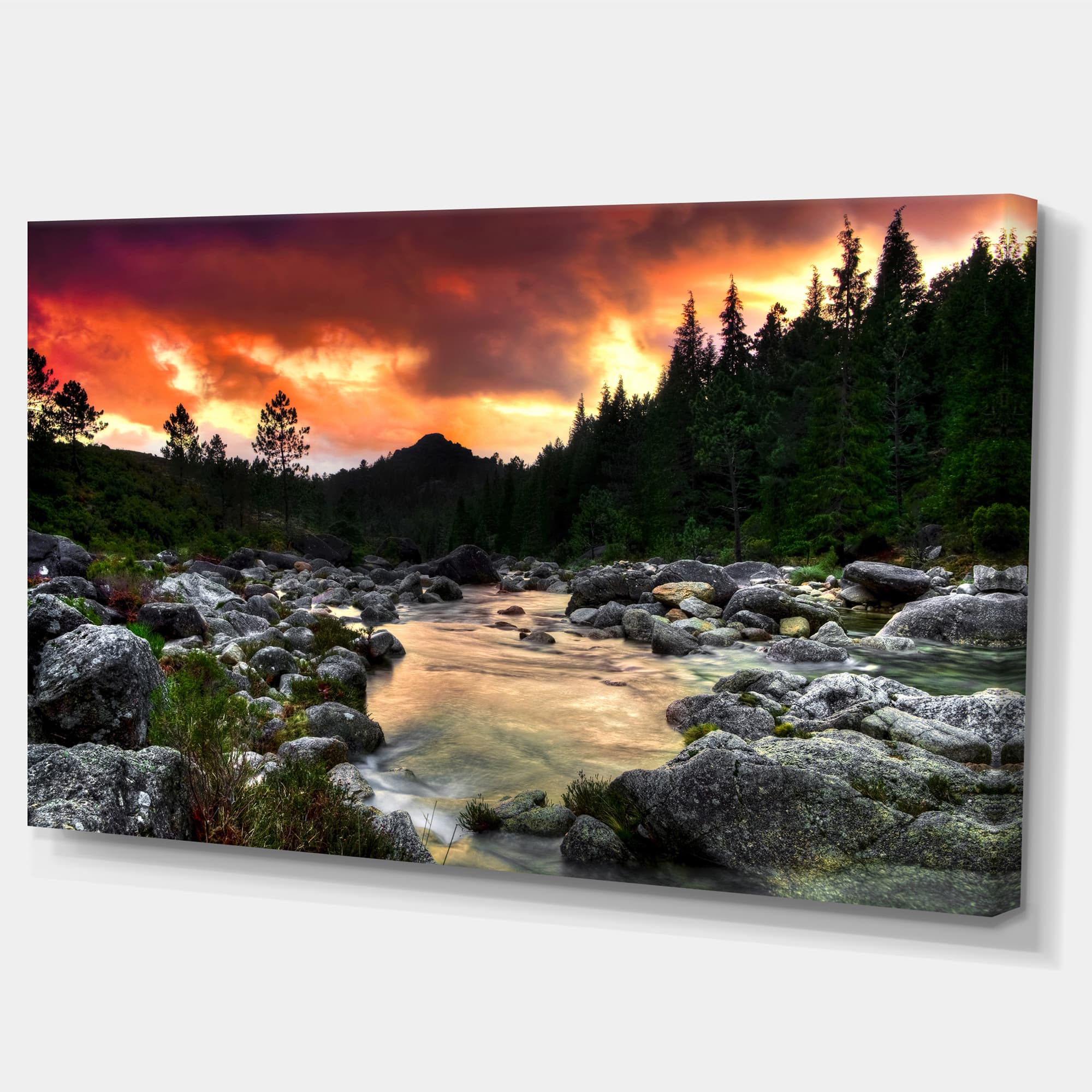 Designart - Rocky Mountain River at Sunset - Extra Large Wall Art Landscape